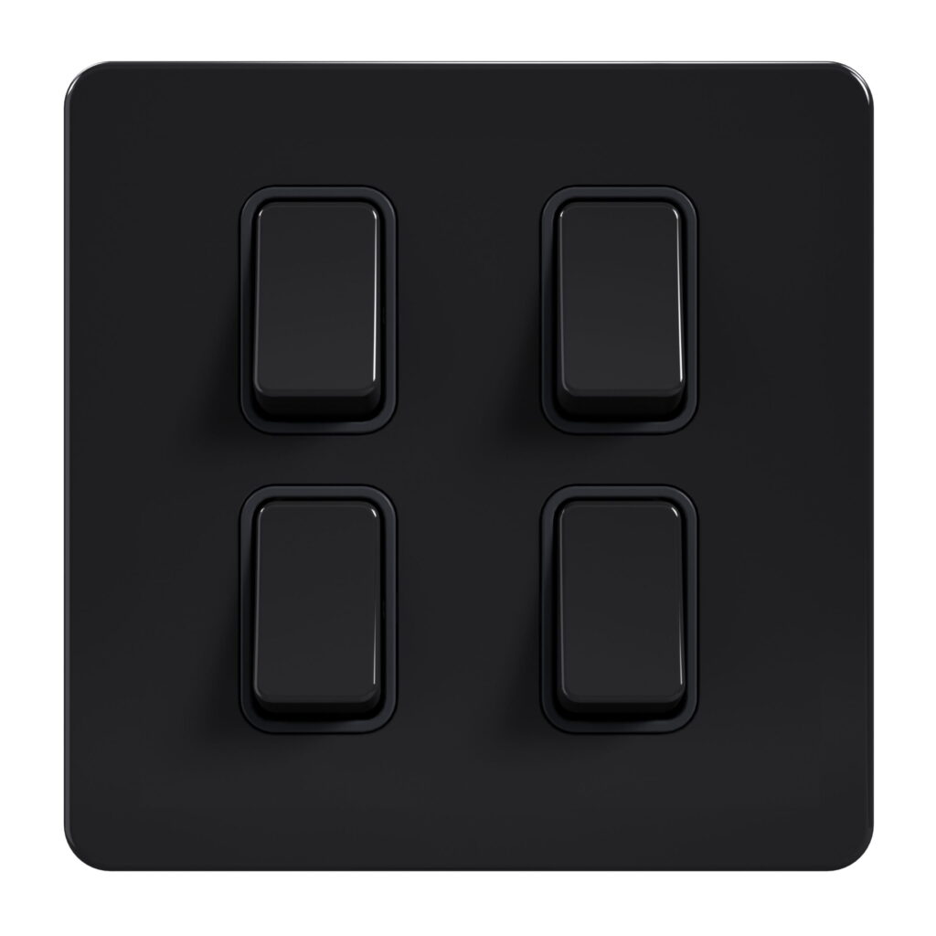 Admore AB309 10A 4-gang 2-way light switch — gloss black screwless stainless steel 1-gang square plate with four black rockers arranged in a 2x2 grid, black surrounds, no neon (3×3 module faceplate format, Metal Series: Black Nickel)