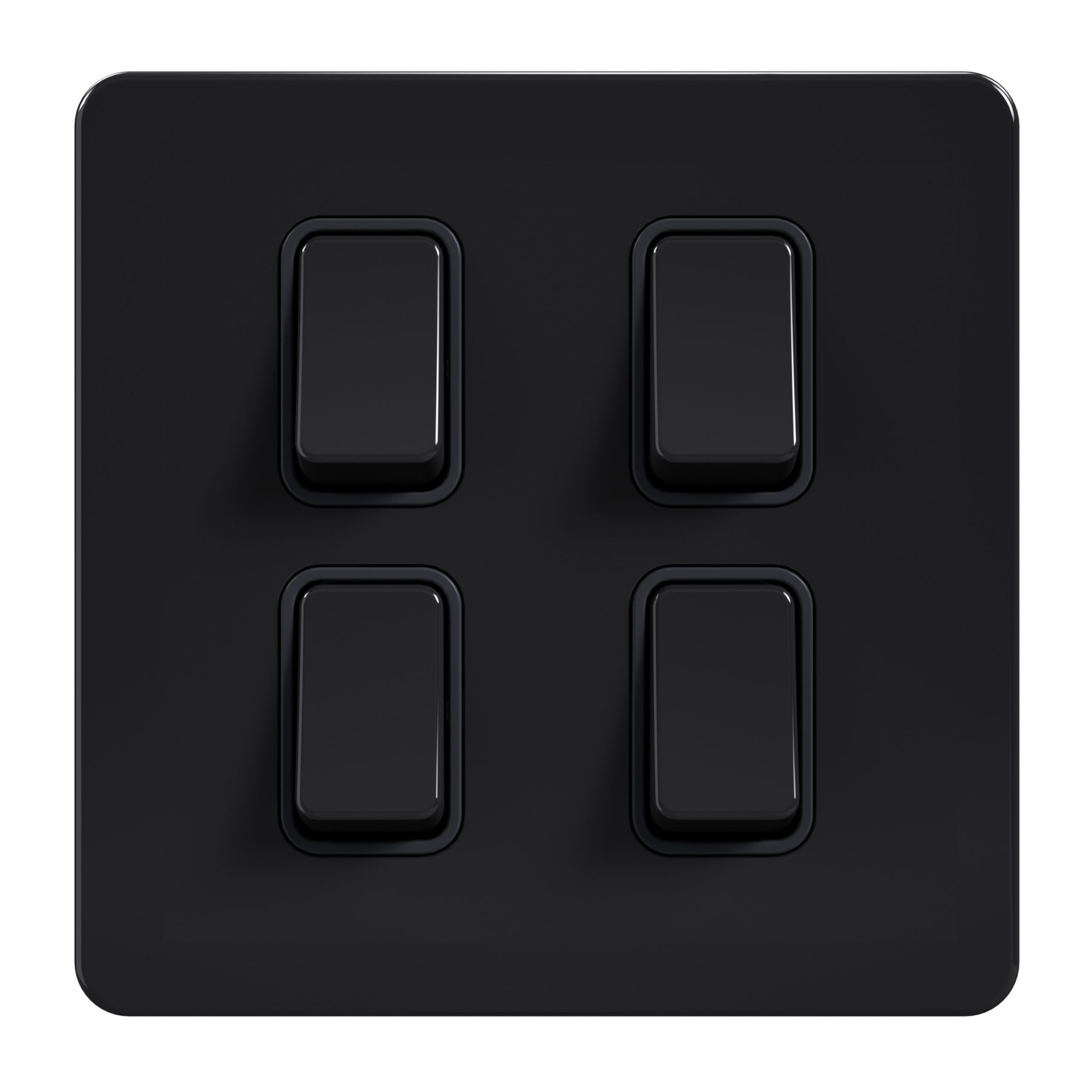 Admore AB309 10A 4-gang 2-way light switch — gloss black screwless stainless steel 1-gang square plate with four black rockers arranged in a 2x2 grid, black surrounds, no neon (3×3 module faceplate format, Metal Series: Black Nickel)