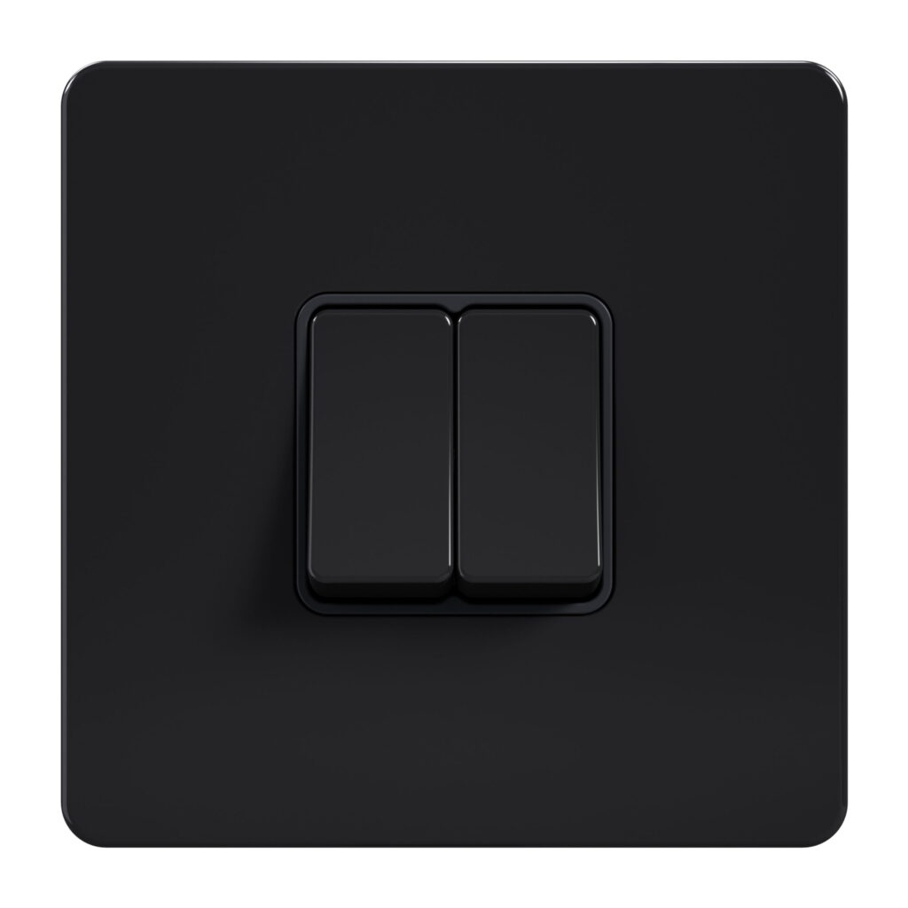 Admore AB304 10A 2-gang 2-way light switch — gloss black screwless stainless steel 1-gang plate with two side-by-side black rockers, black surrounds, no neon indicator (Metal Series: Black Nickel)