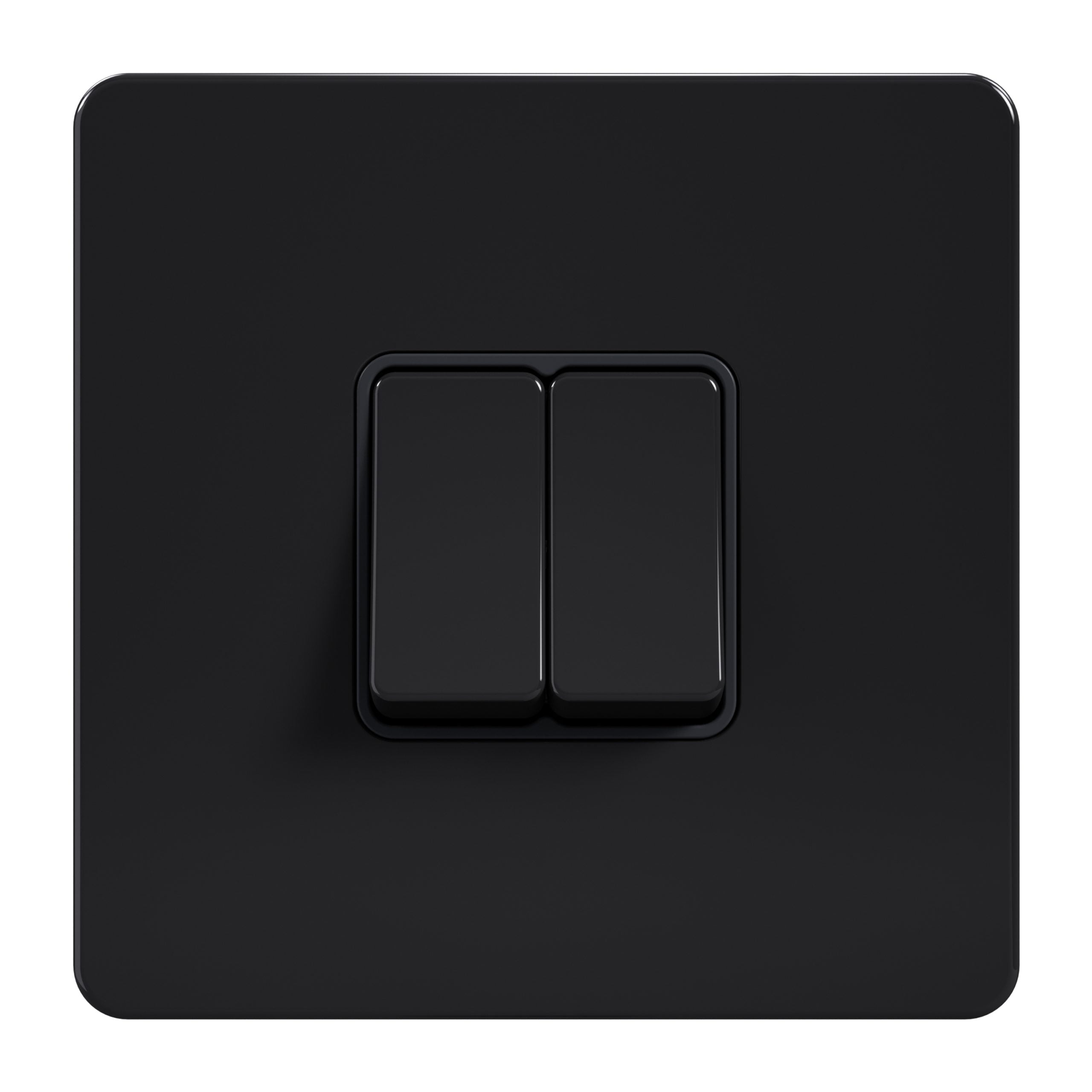 Admore AB304 10A 2-gang 2-way light switch — gloss black screwless stainless steel 1-gang plate with two side-by-side black rockers, black surrounds, no neon indicator (Metal Series: Black Nickel)
