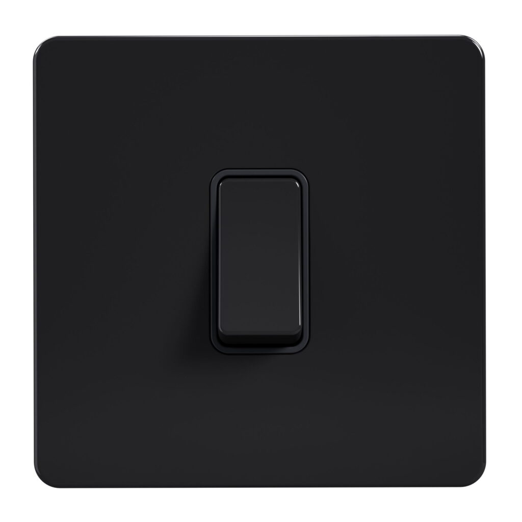 Admore AB302 10A 1-gang 2-way light switch — gloss black screwless stainless steel plate, single centred black rocker, black surround, no neon indicator (Metal Series: Black Nickel)