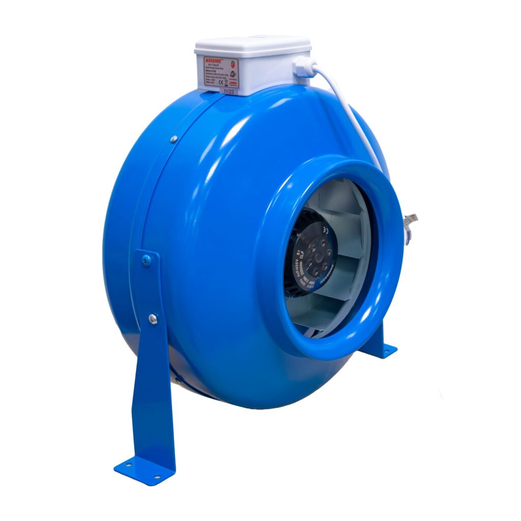 Cobalt blue Admore A-ID10 10-inch metal centrifugal inline duct fan with visible impeller blades, white ADMORE Air Guard junction box and blue mounting feet