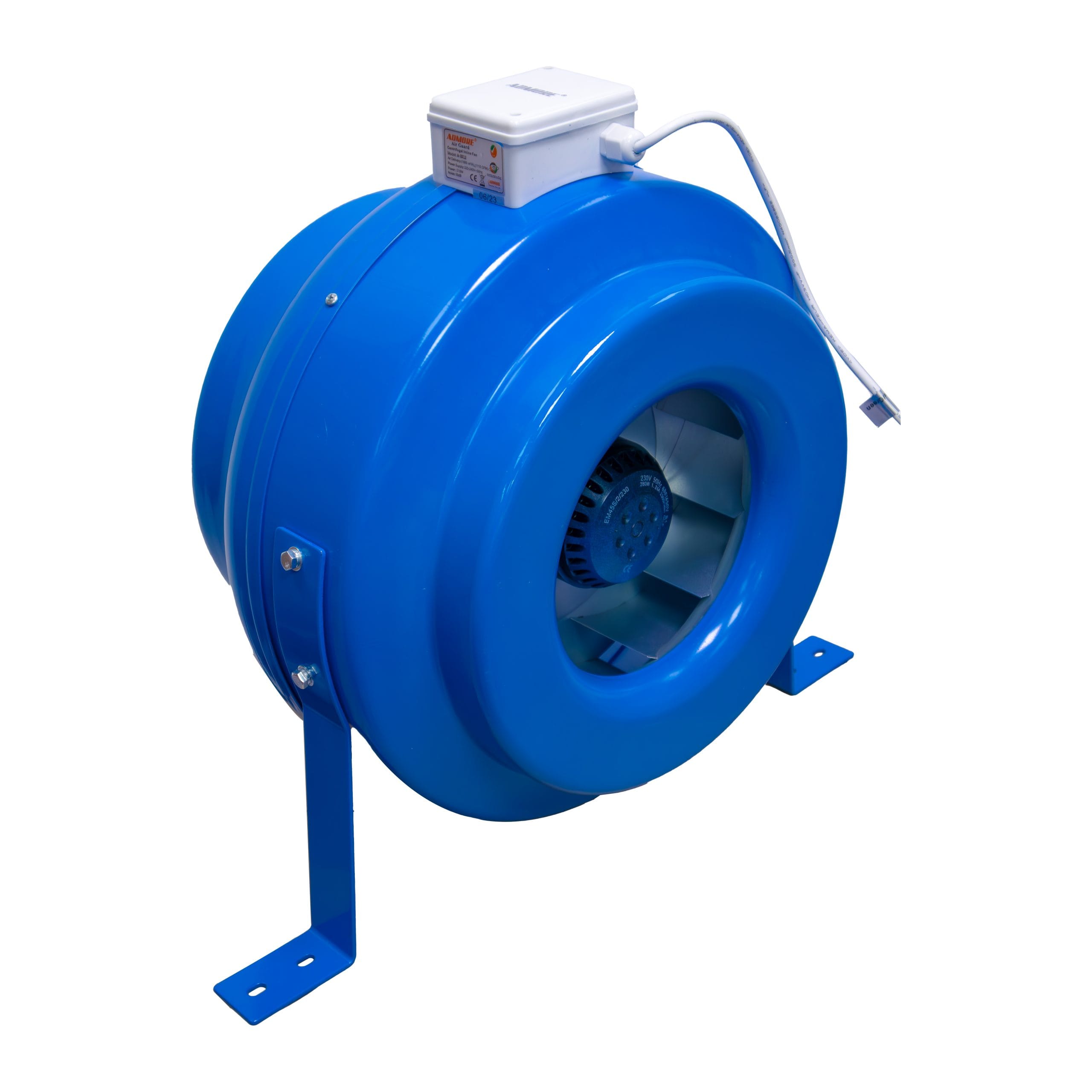 Cobalt blue Admore A-ID12 12-inch metal centrifugal inline duct fan with white ADMORE Air Guard junction box and blue mounting feet, three-quarter view