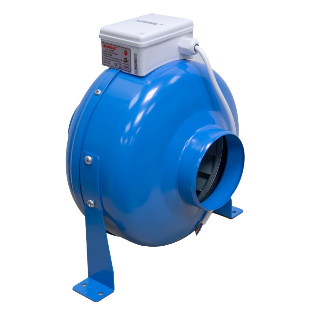 Cobalt blue Admore A-ID4 4-inch metal centrifugal inline duct fan with white ADMORE Air Guard junction box and blue mounting feet, three-quarter view