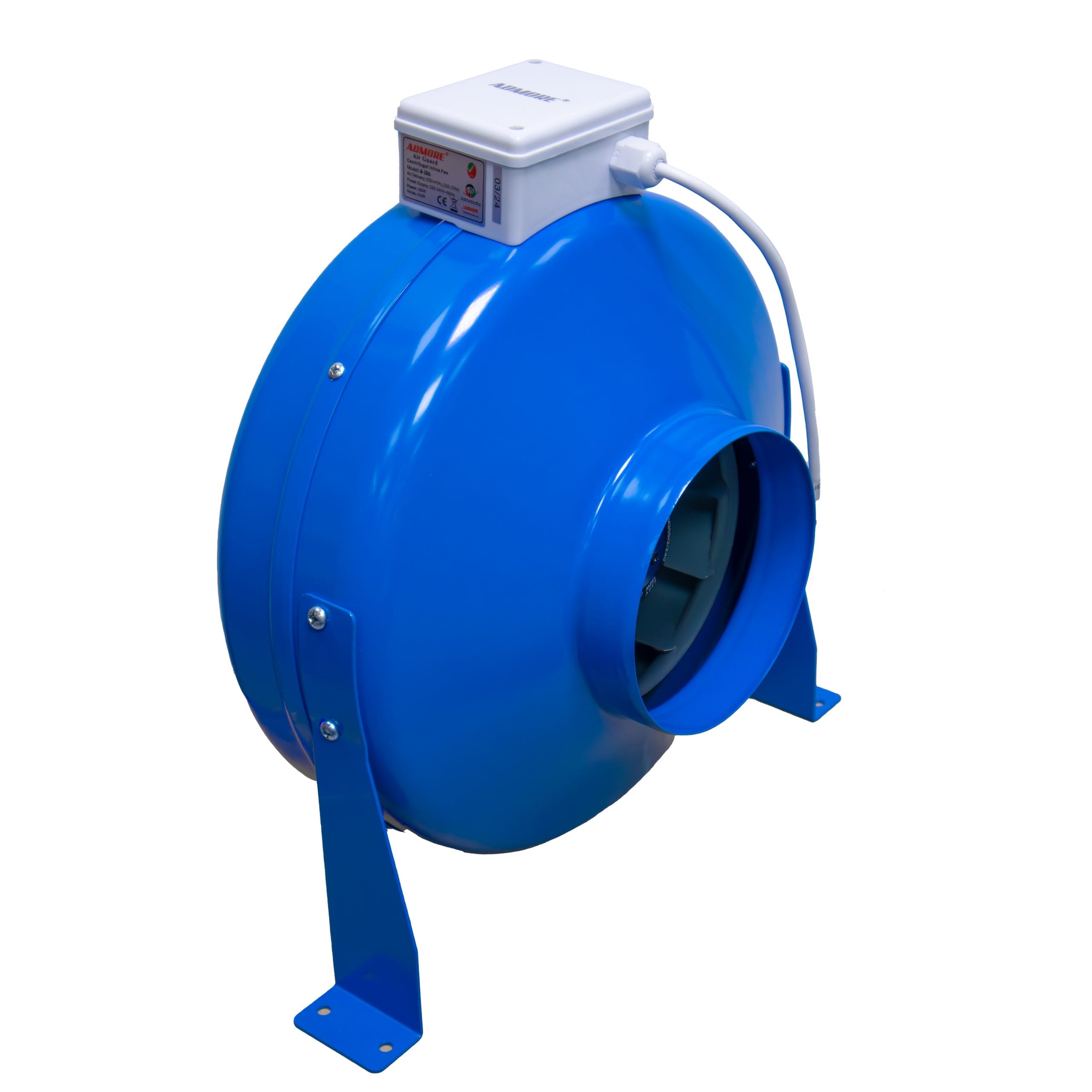 Cobalt blue Admore A-ID6 6-inch metal centrifugal inline duct fan with white ADMORE Air Guard junction box and blue mounting feet, three-quarter view