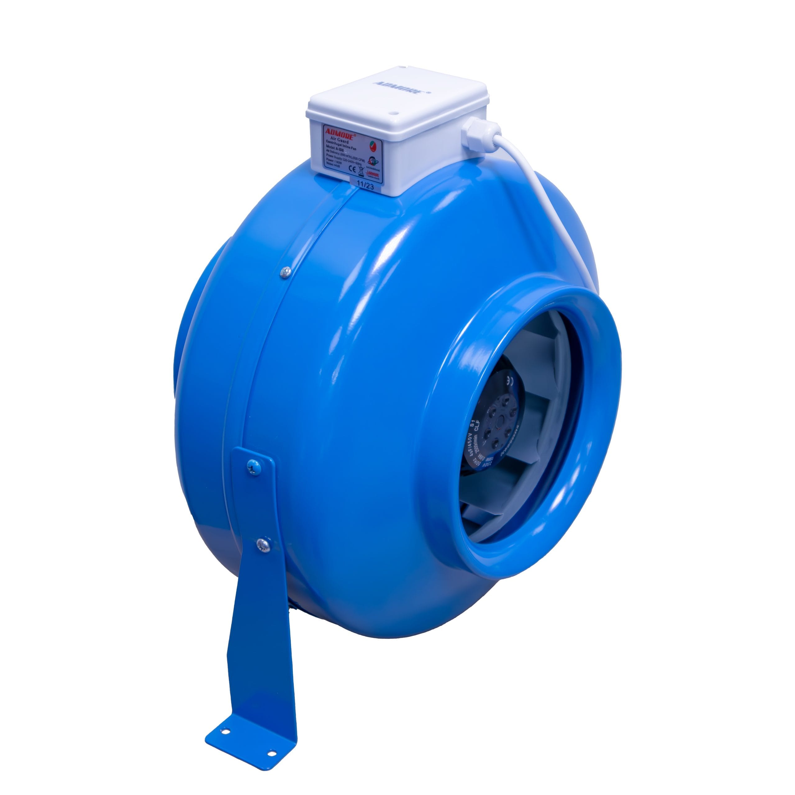 Cobalt blue Admore A-ID8 8-inch metal centrifugal inline duct fan with visible impeller blades, white ADMORE Air Guard junction box and blue mounting feet