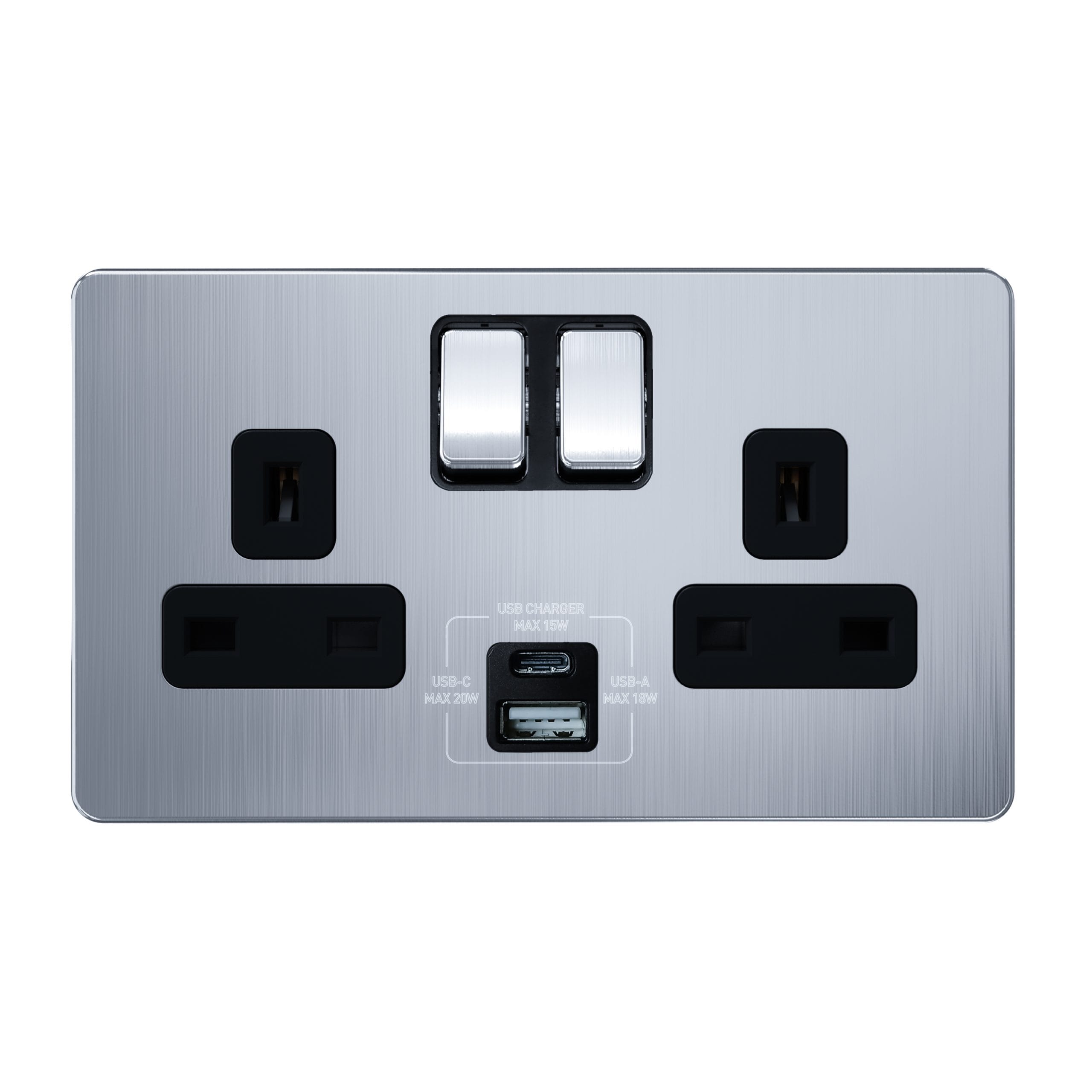Admore 13A 2 Gang Switched Socket with USB-A & USB-C — Chrome Metal Series (AC410U)
