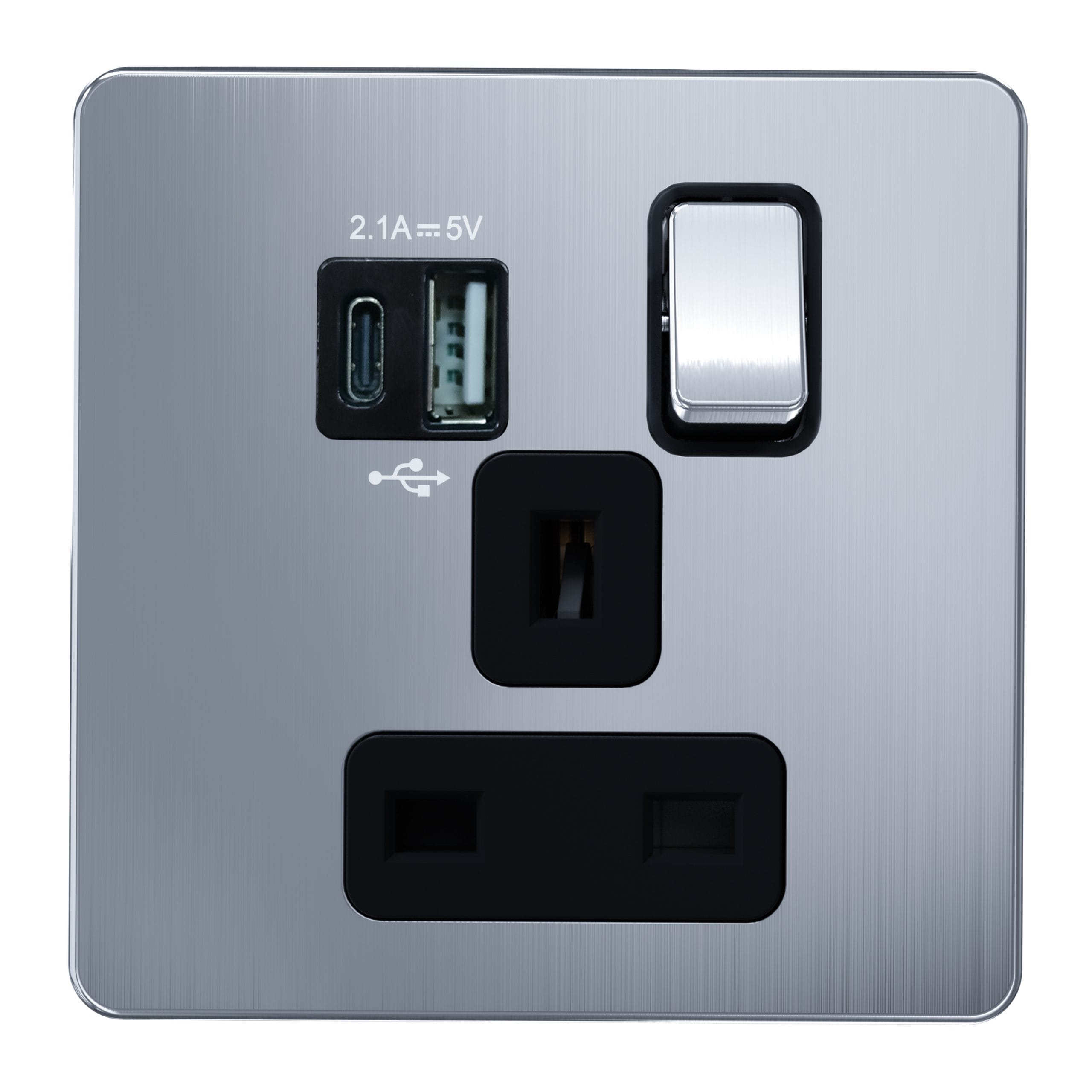Admore 13A 1 Gang Switched Socket with USB-A & USB-C — Chrome Metal Series (AC409U)