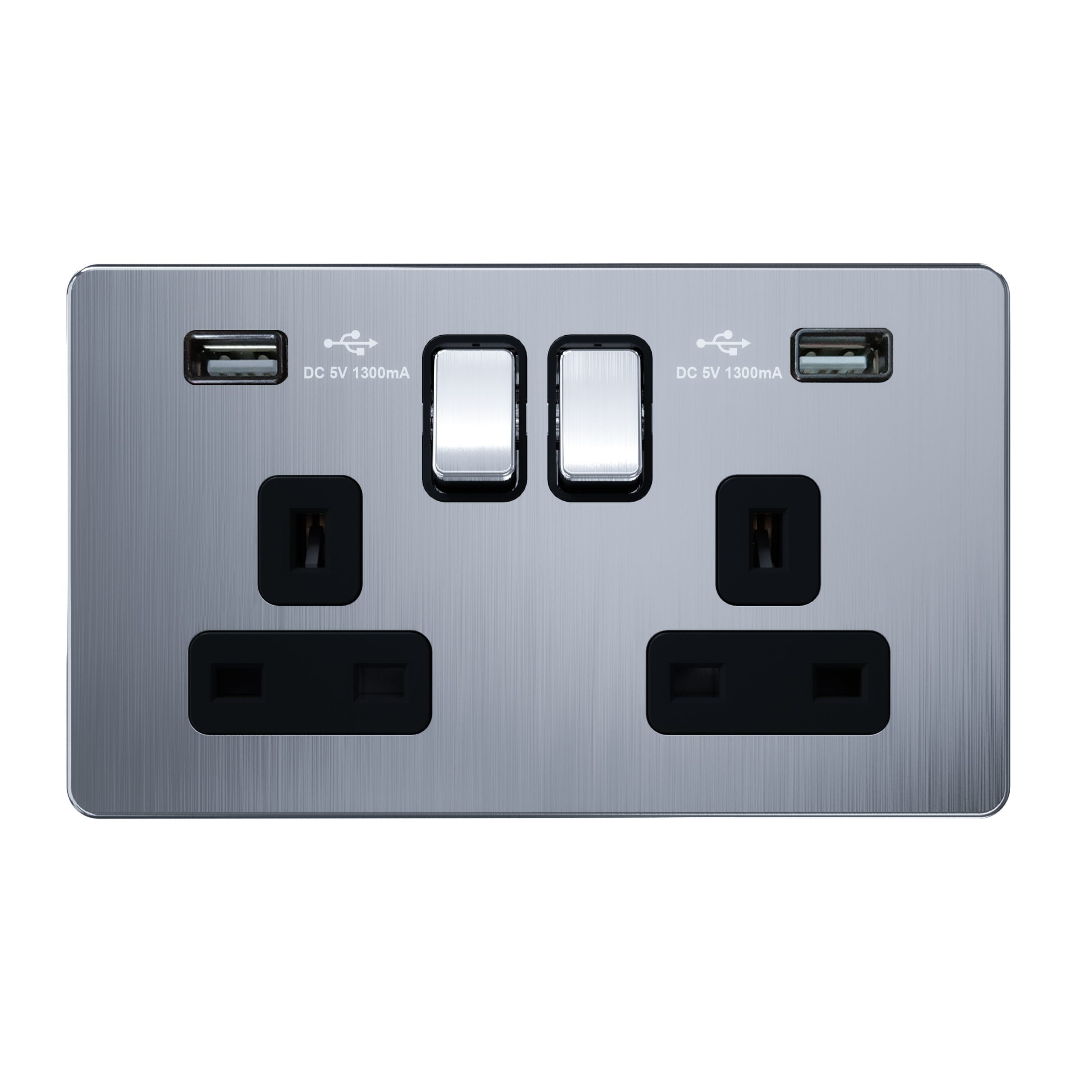 Admore 13A 2 Gang Switched Socket with USB — Chrome Metal Series (AC408U)