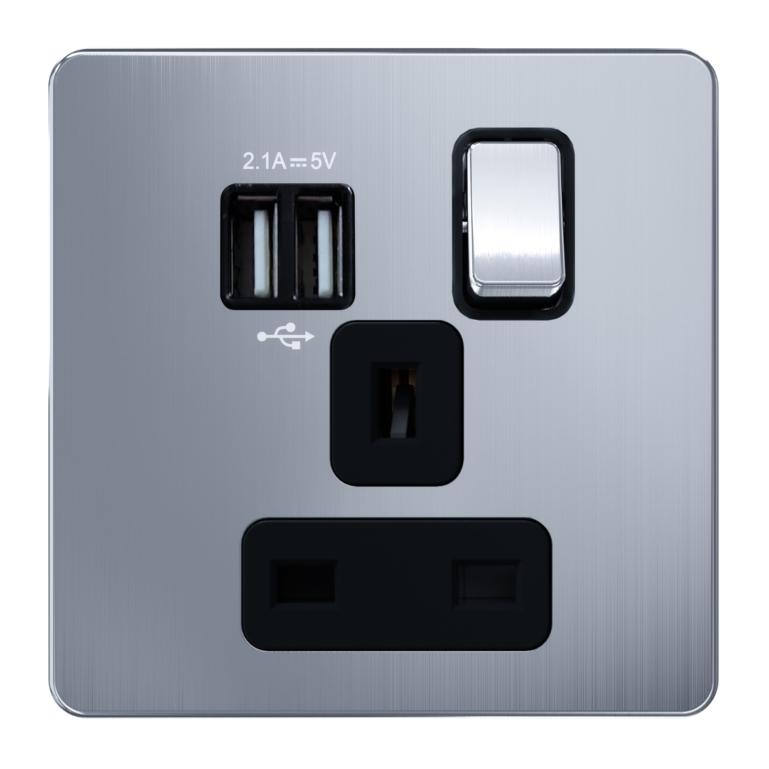 Admore 13A 1 Gang Switched Socket with USB — Chrome Metal Series (AC407U)