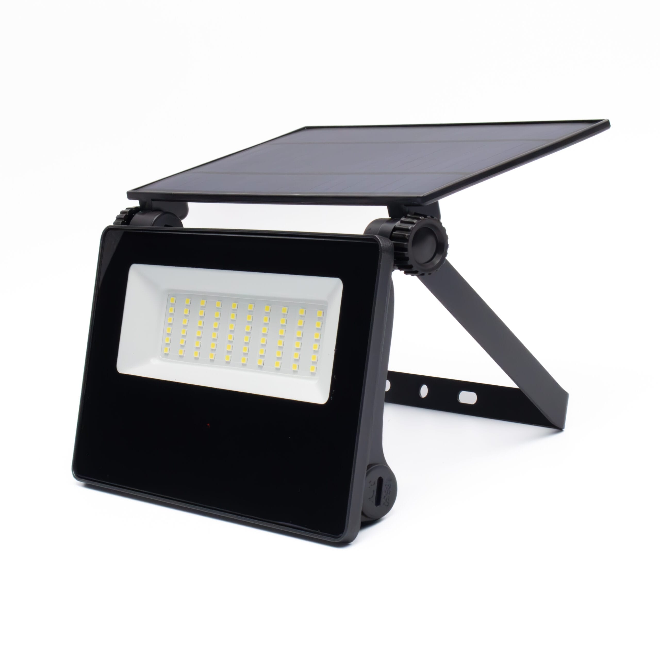 Admore A-SPL02 4W solar-powered LED outdoor wall flood light — adjustable polycrystalline solar panel on hinge, ~40 SMD LED panel behind tempered glass diffuser, black ABS+aluminum housing with adjustable wall-mount bracket