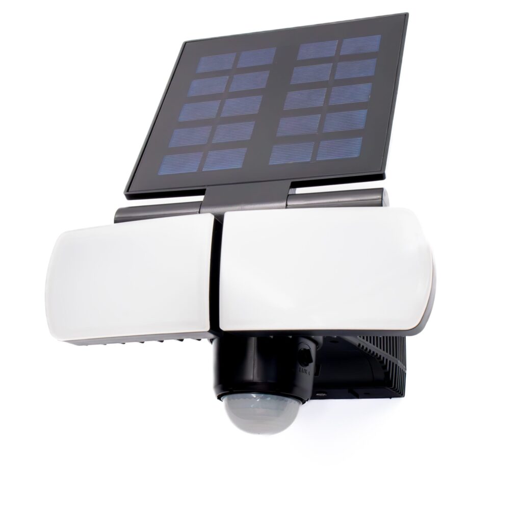 Admore A-SWL2 500lm twin-head solar LED wall light with PIR motion sensor dome and visible LUX adjustment dial on right side of PIR housing, two white LED heads and large integrated solar panel on top
