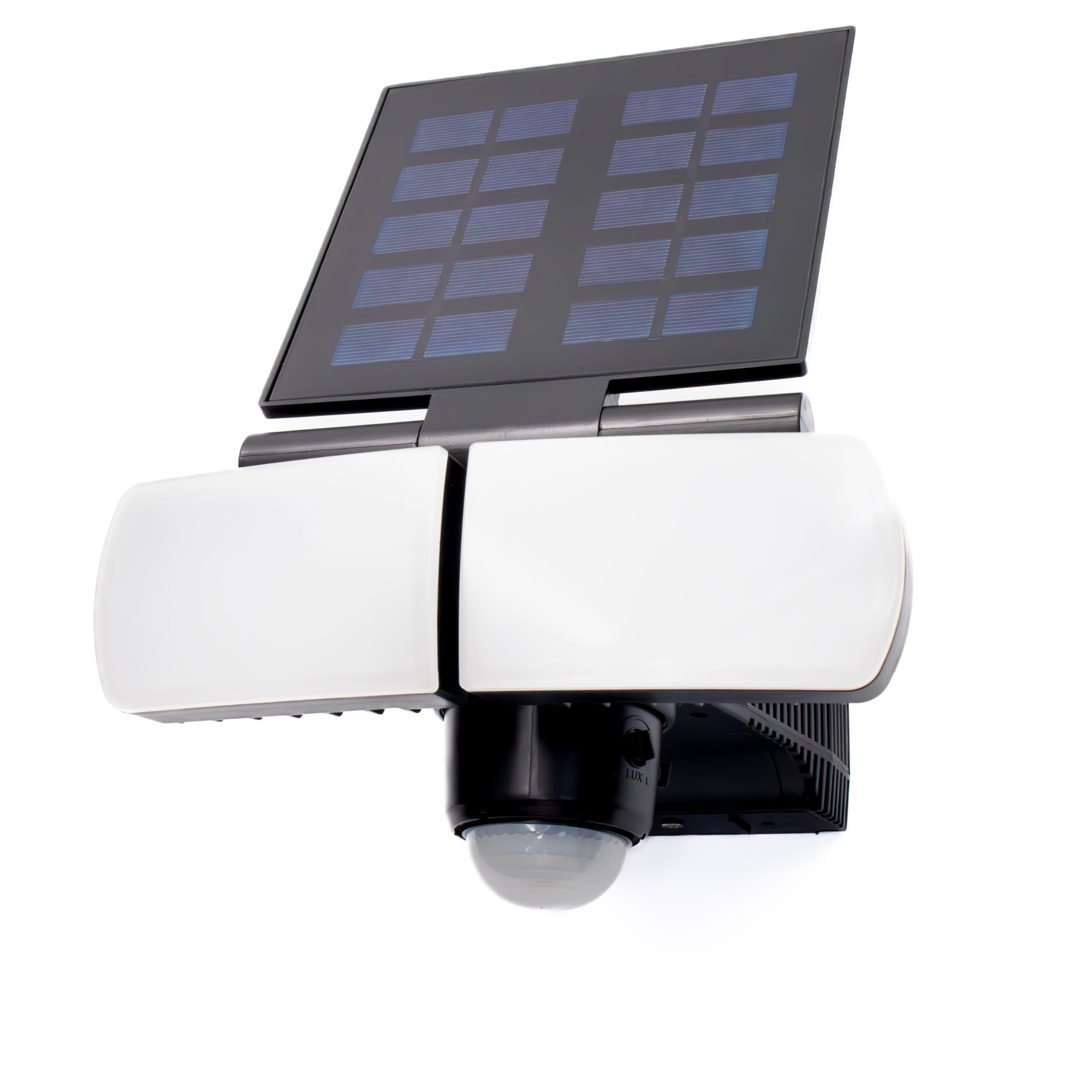 Admore A-SWL2 500lm twin-head solar LED wall light with PIR motion sensor dome and visible LUX adjustment dial on right side of PIR housing, two white LED heads and large integrated solar panel on top