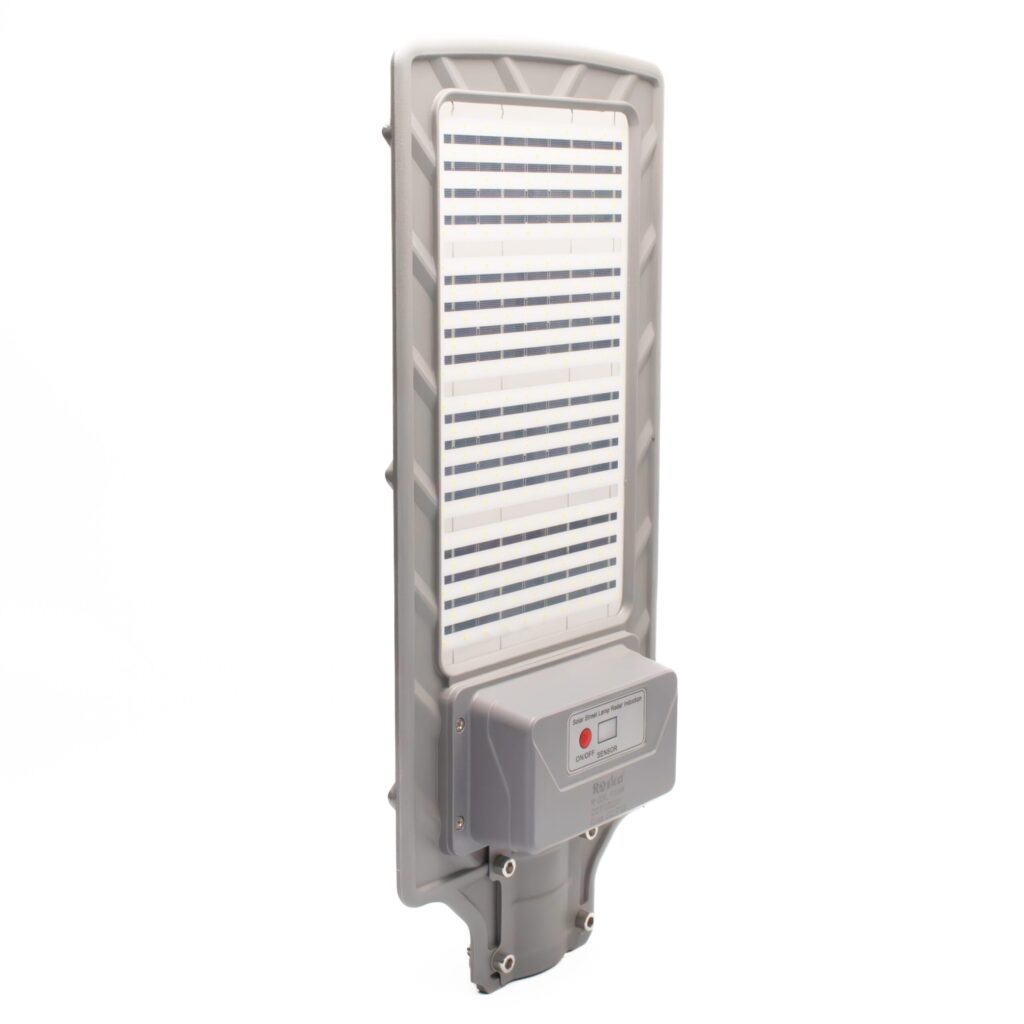 Roska R-SSL240W 240W all-in-one solar LED street light with dense horizontal LED row array, integrated solar panel, ON/OFF + SENSOR control box on bottom labeled Solar Street Lamp Radar Induction (storefront image currently shared with R-SSL120W — distinct photo flagged for team upload)