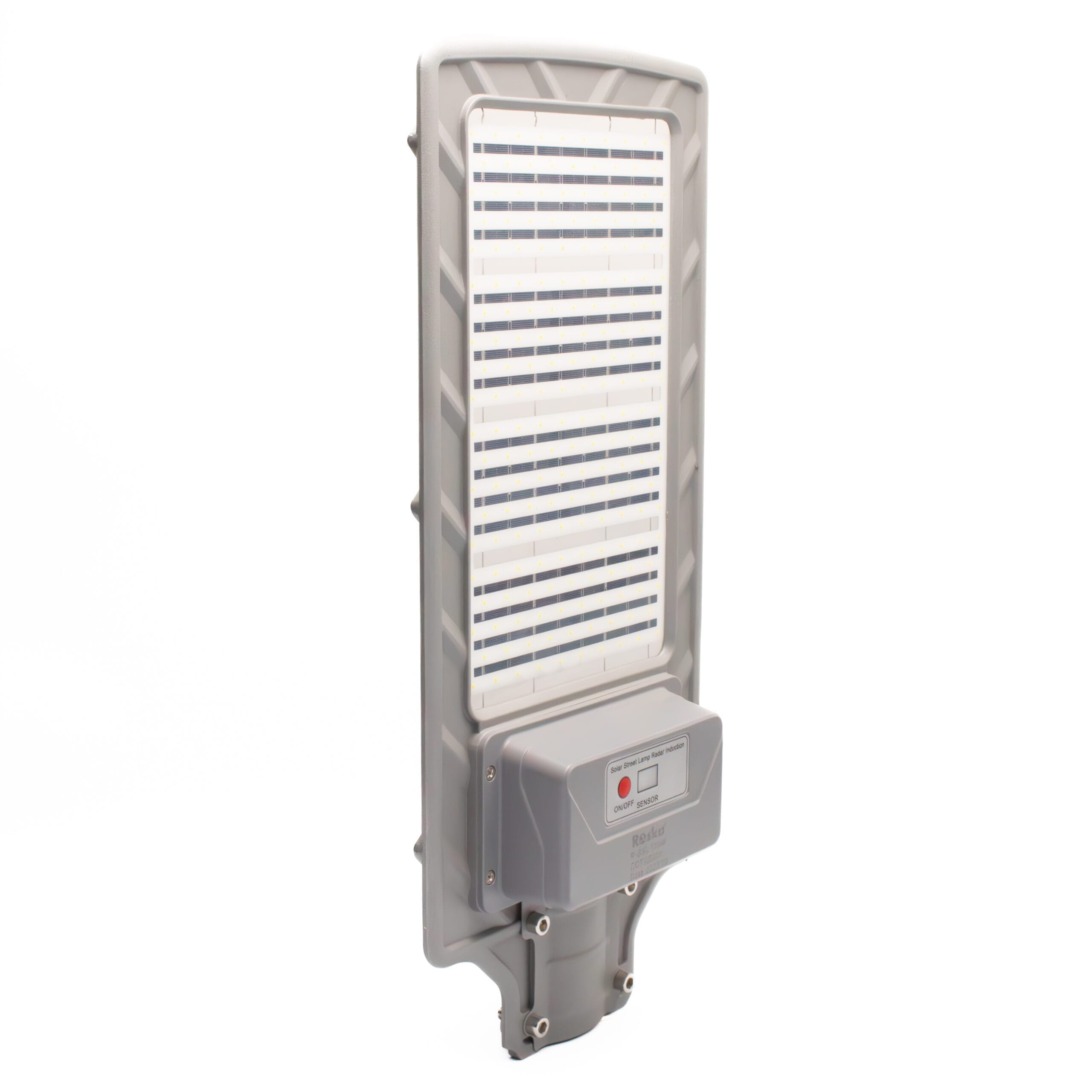 Roska R-SSL240W 240W all-in-one solar LED street light with dense horizontal LED row array, integrated solar panel, ON/OFF + SENSOR control box on bottom labeled Solar Street Lamp Radar Induction (storefront image currently shared with R-SSL120W — distinct photo flagged for team upload)