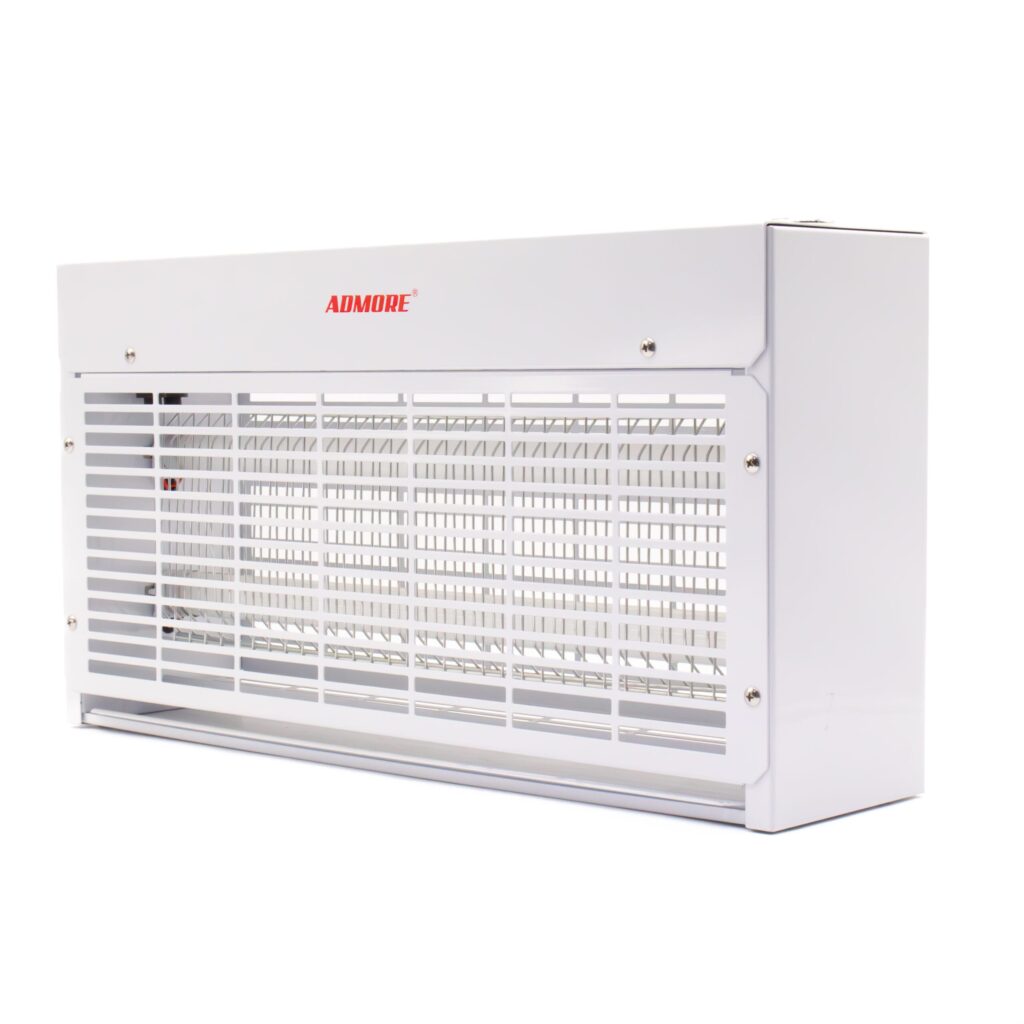 Admore A-IZ1 17W heavy-duty UV electric fly and insect zapper with white metal housing, ADMORE logo, 2 UV tubes behind metal grille and removable collection tray