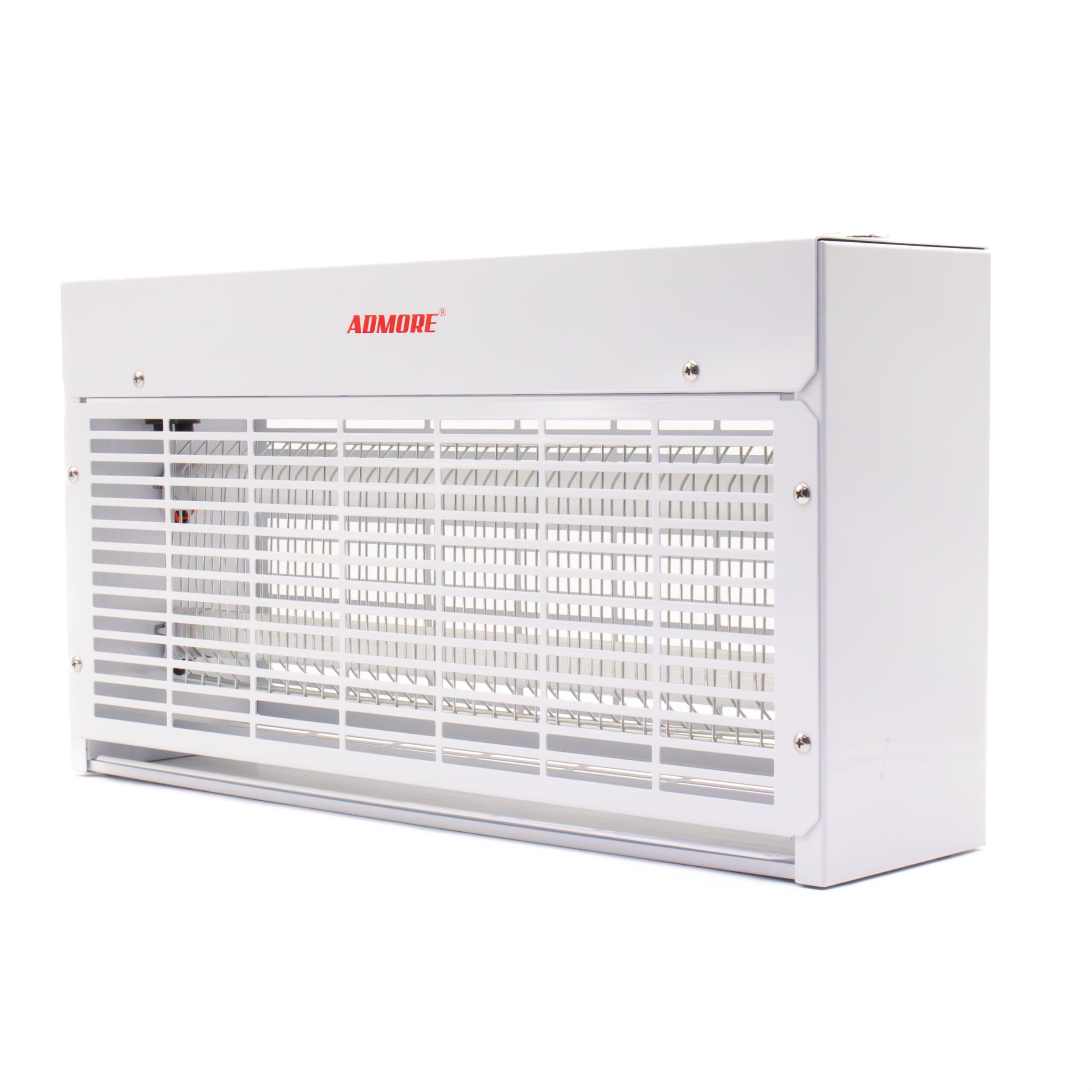 Admore A-IZ1 17W heavy-duty UV electric fly and insect zapper with white metal housing, ADMORE logo, 2 UV tubes behind metal grille and removable collection tray