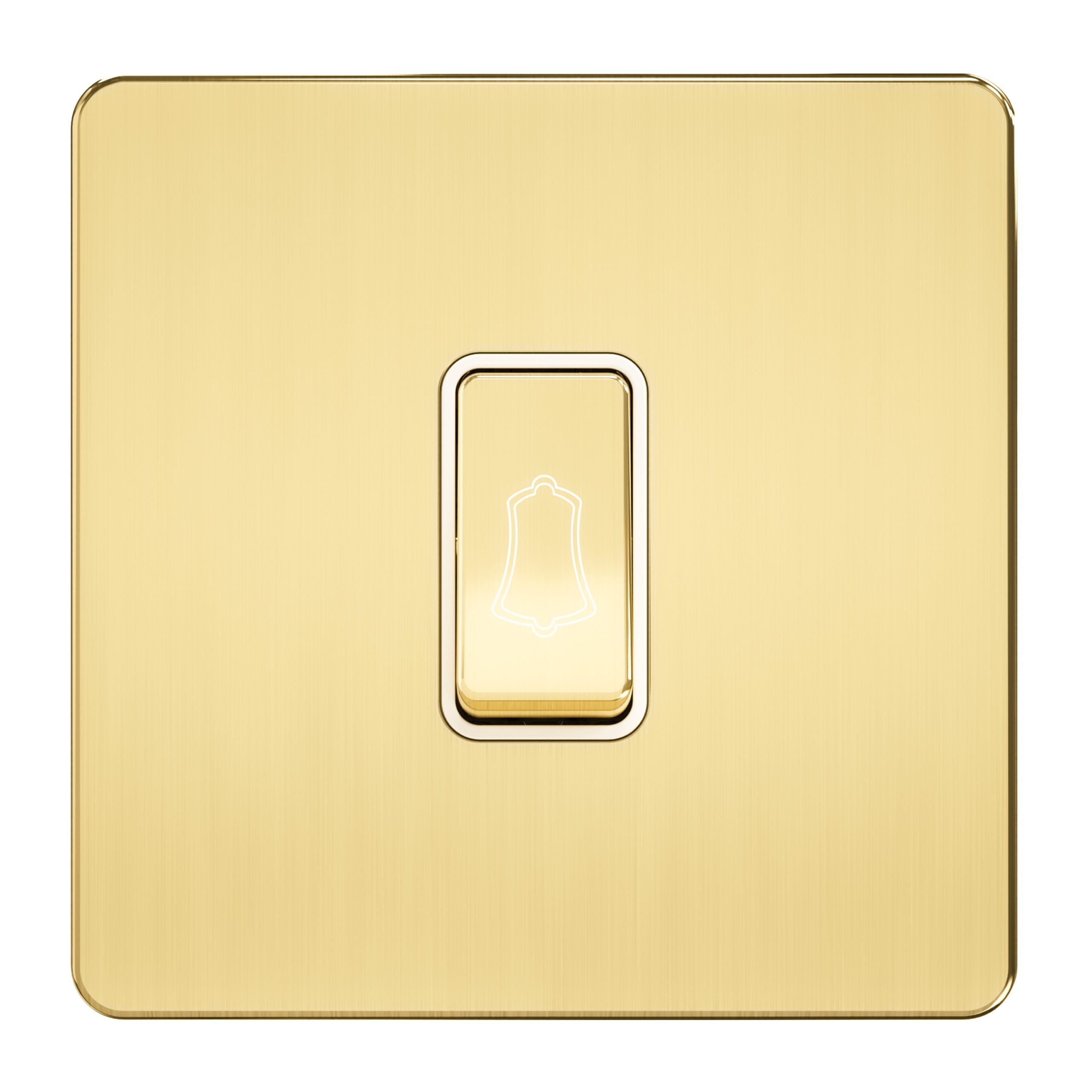 Admore Bell Push Switch — Gold Metal Series, Screwless Flat Plate, Engraved Bell Icon (A317)