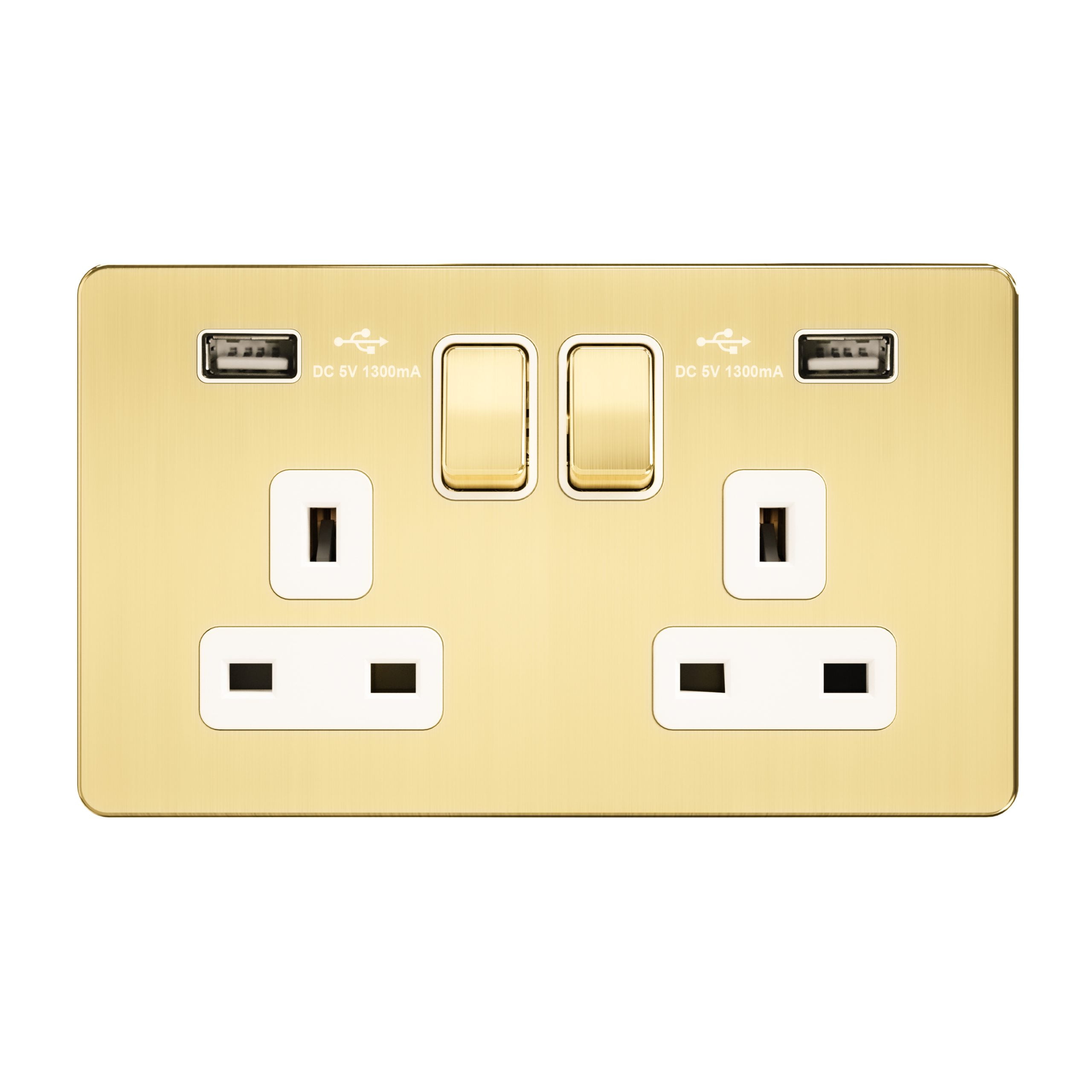 Admore 13A 2 Gang Switched Socket with 2x USB-A Charging Ports (5V 1.3A each) — Gold Metal Series (A408U)