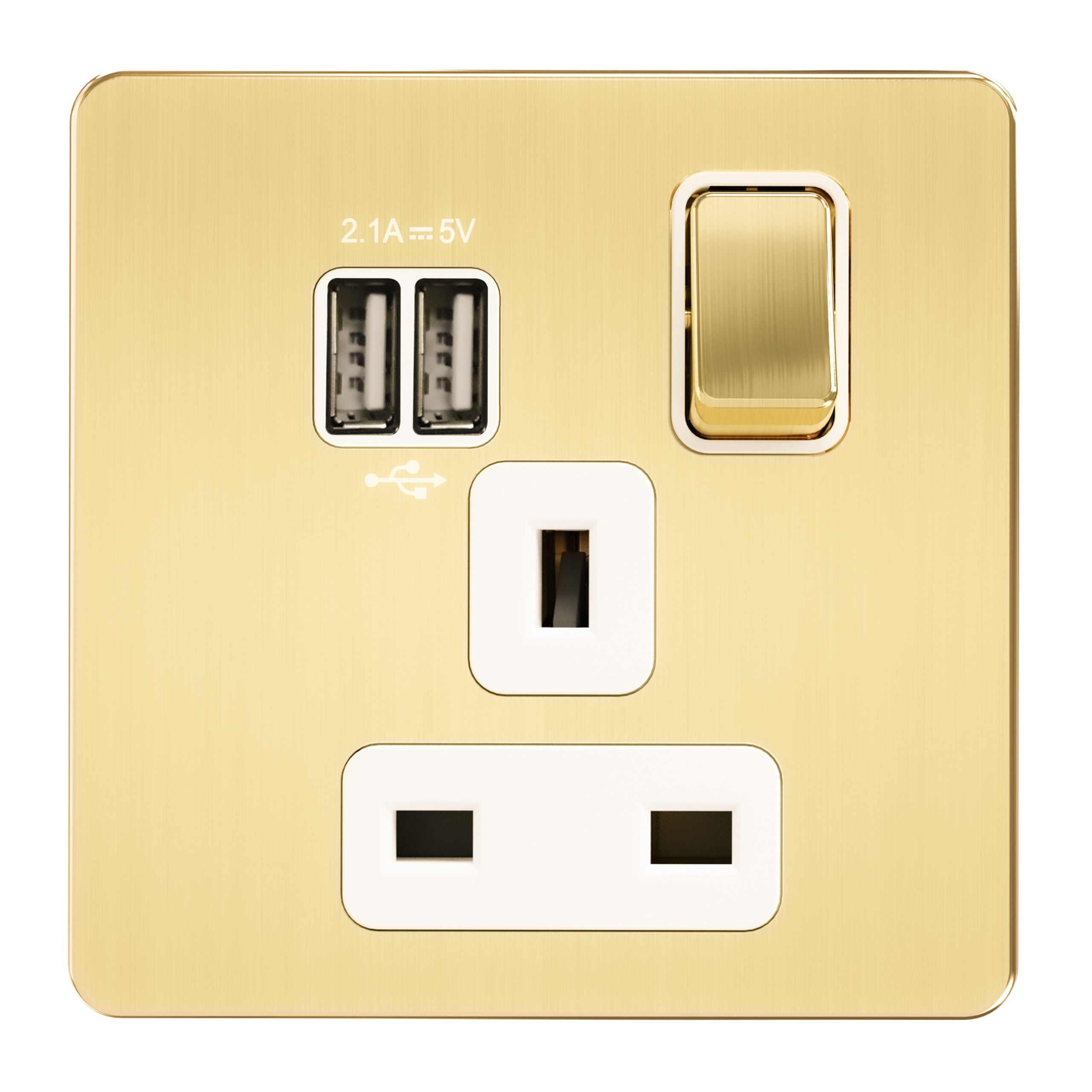 Admore 13A 1 Gang Switched Socket with 2x USB-A Charging Ports (5V 2.1A) — Gold Metal Series (A407U)