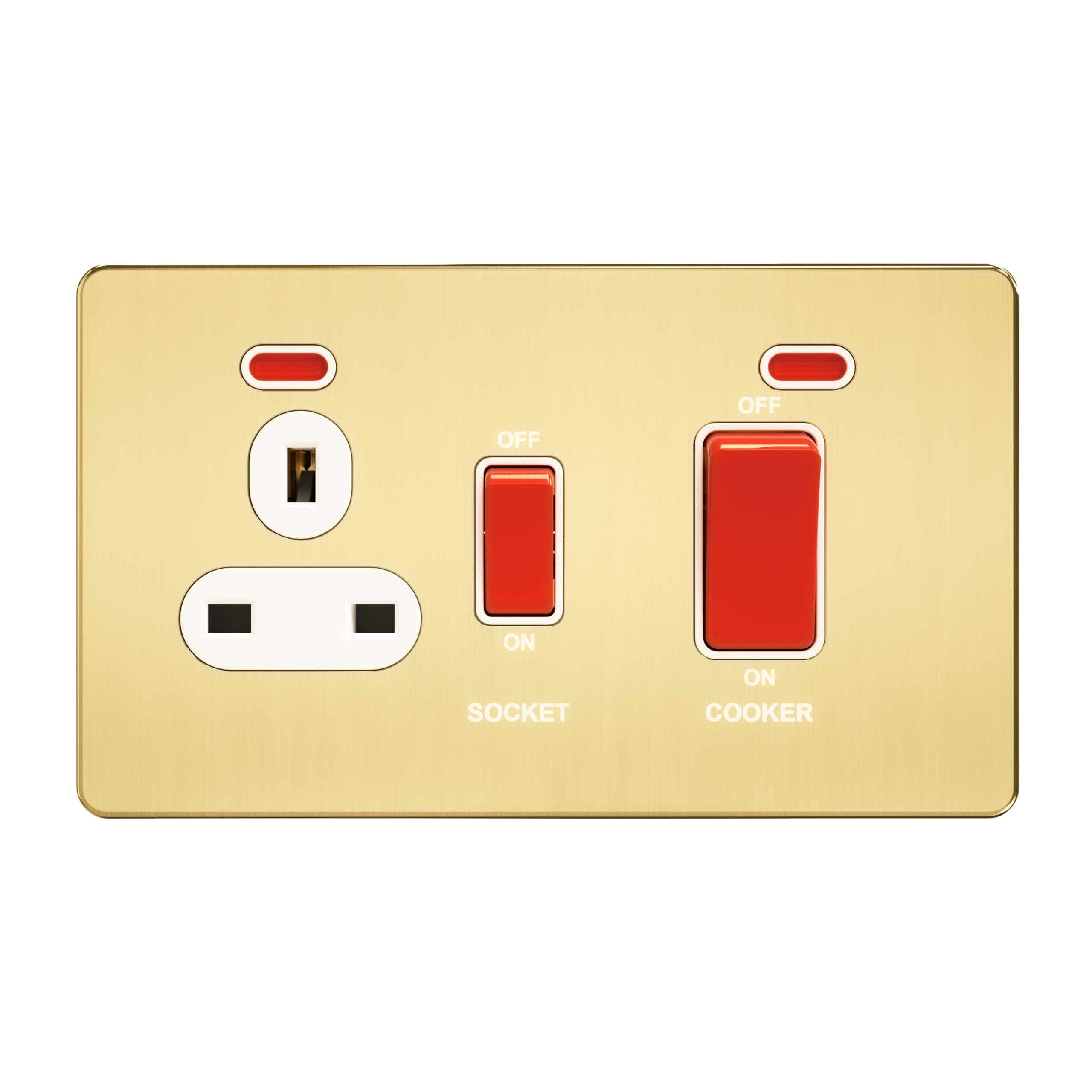 Admore 45A Cooker Control Unit with 13A Switched Socket — Twin Red Neons, Gold Metal Series (A331)