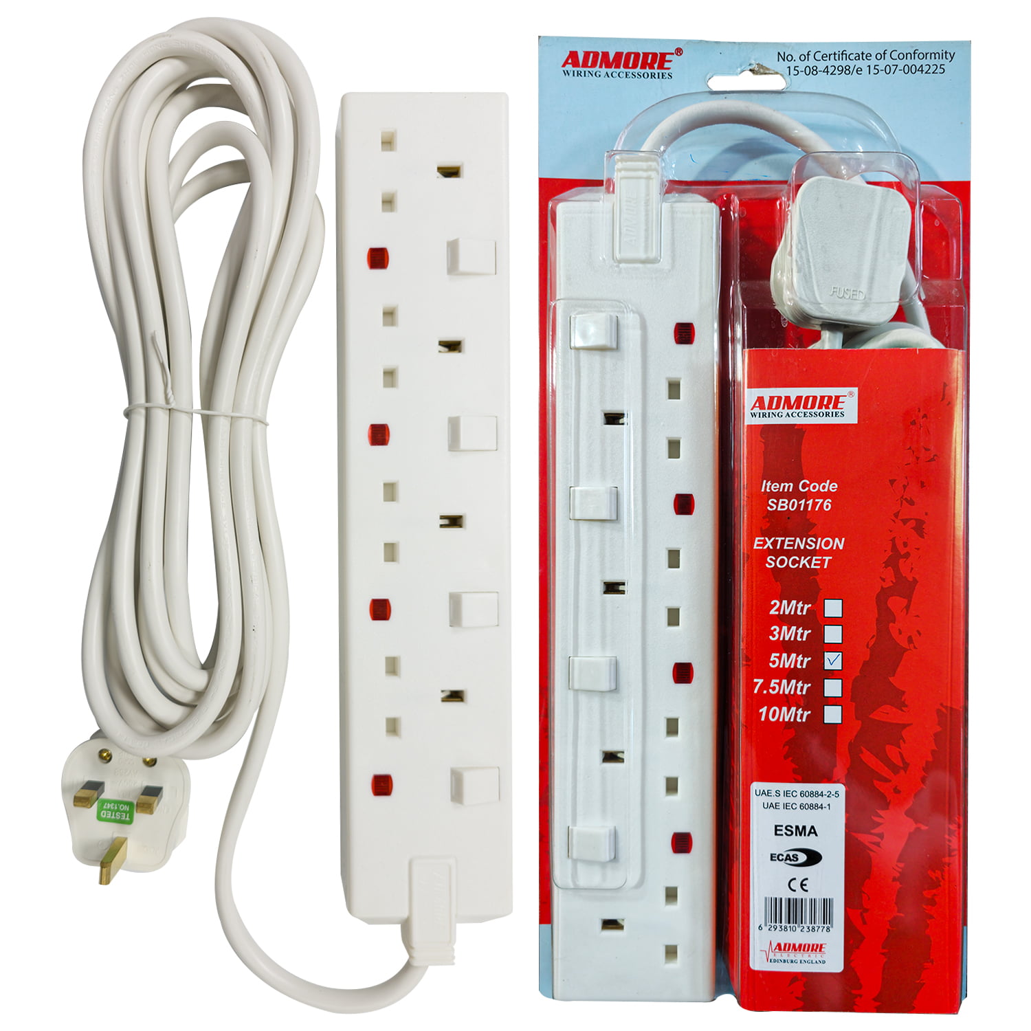 Admore 4 Gang 13A Switched Socket Extension with 5 m Cable (SB01176)