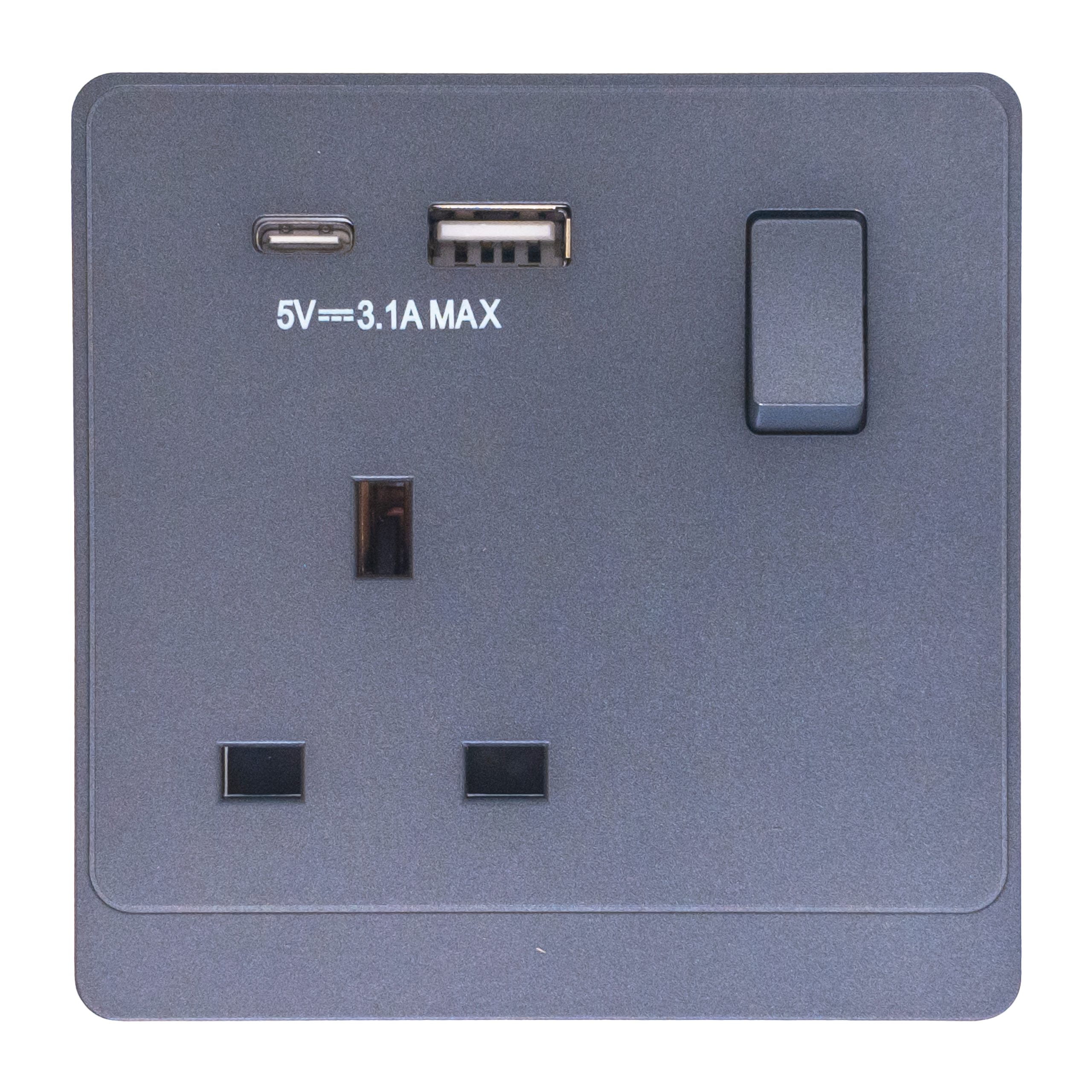 Admore 13A 1 Gang Switched Socket with USB-A & USB-C — PC Classic Range Grey (P-S407)