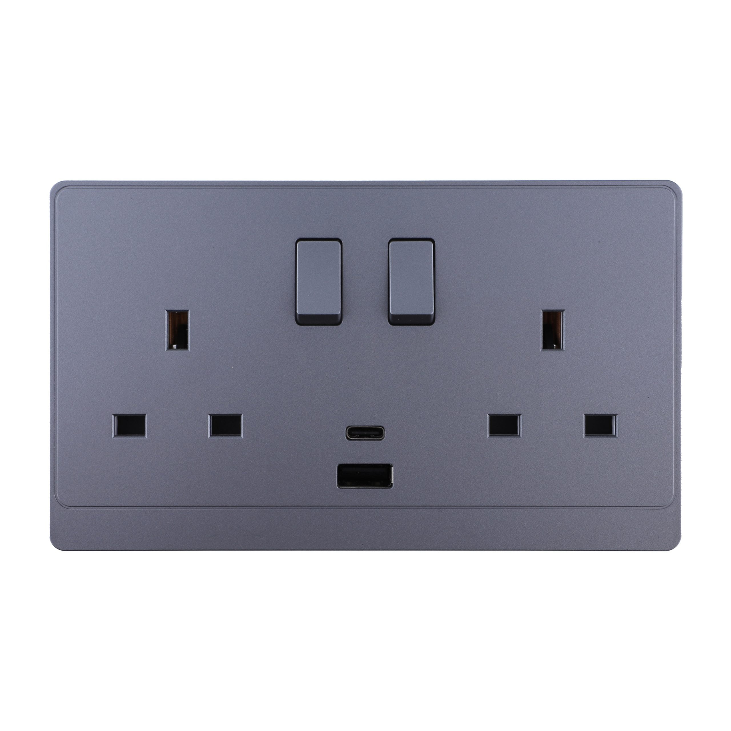 Admore 13A 2 Gang Switched Socket with USB-A & USB-C — PC Classic Range Grey (P-S408)