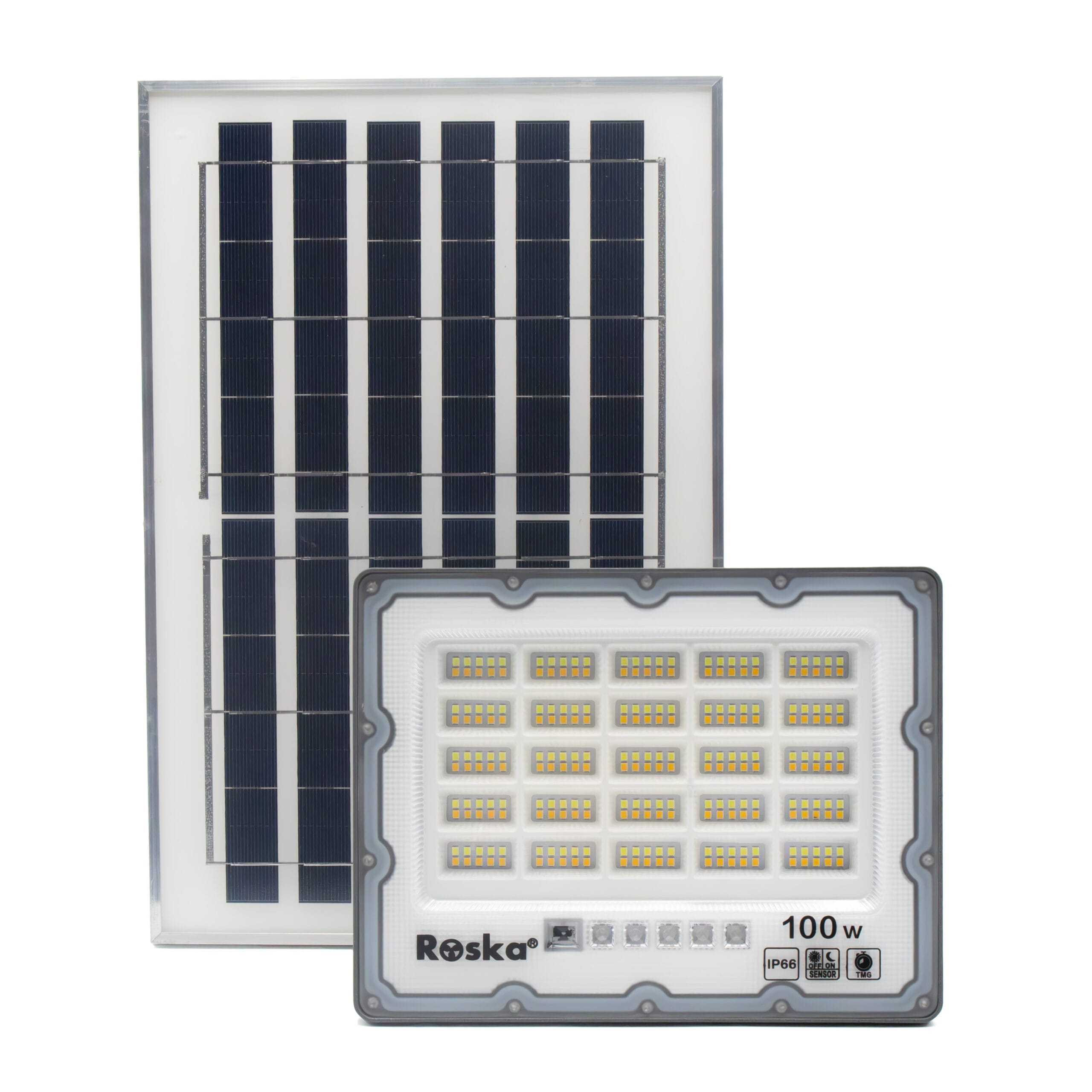 Roska R-100SFL-N 100W solar LED flood light with 3-CCT mixed warm+cool LEDs (5x5 grid visible), Roska label 100W IP66, OFF/ON SENSOR and TMG timer mode buttons on flood face, separate polycrystalline solar panel