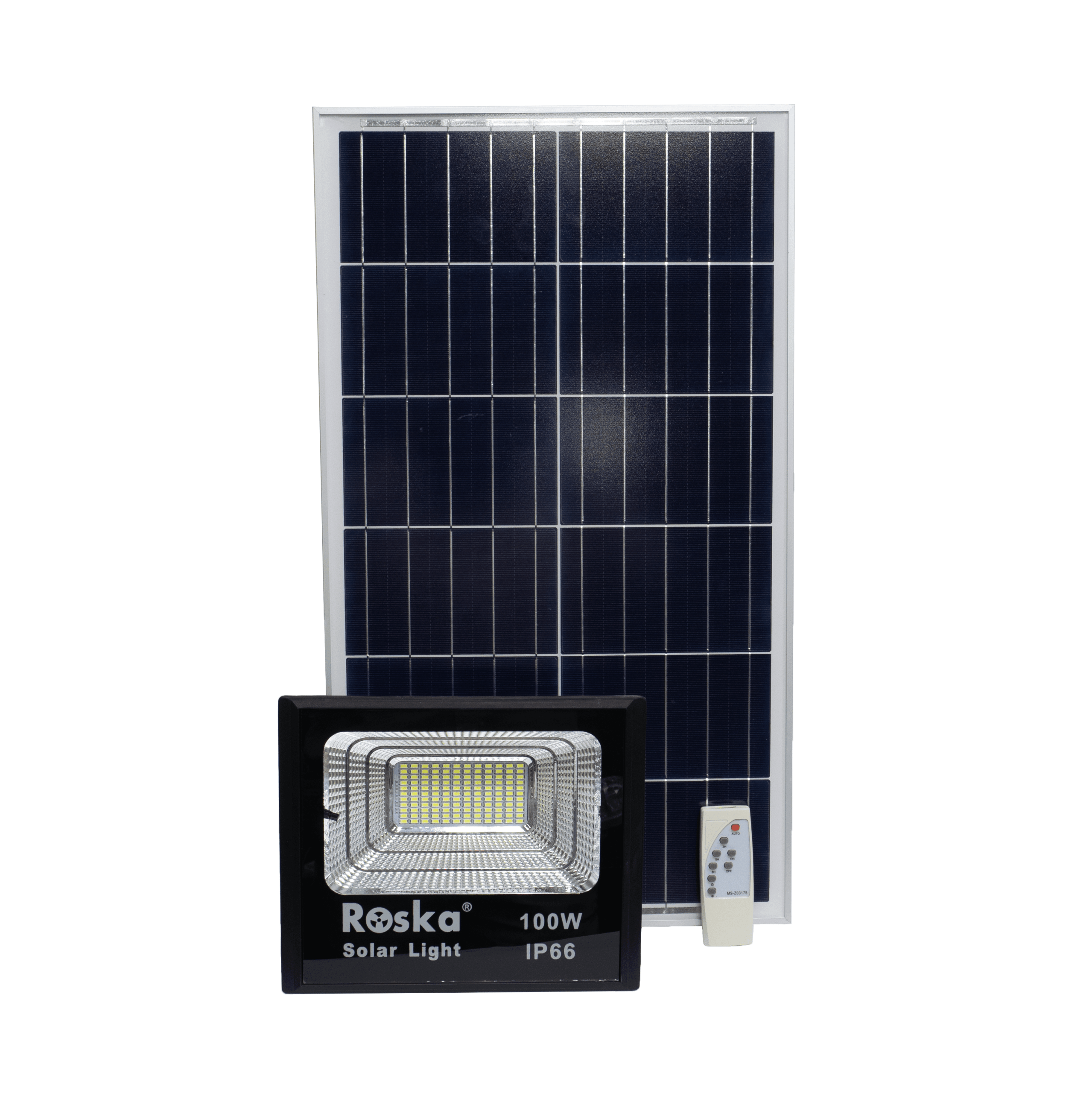 Roska R-100SFL 100W solar LED flood light with all-cool-white LEDs (single CCT), black housing labeled Roska 100W Solar Light IP66, basic white remote with AUTO and arrow buttons, large vertical polycrystalline solar panel
