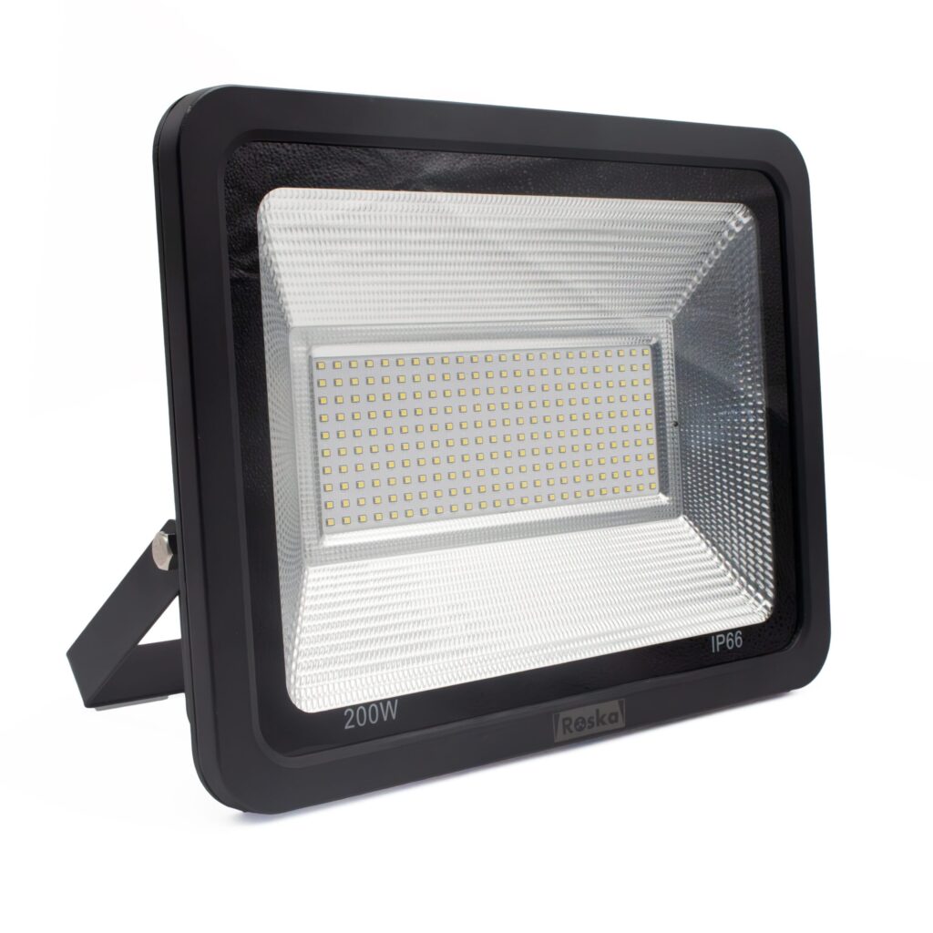 Roska R-10SFL 10W solar LED flood light with foldable separate polycrystalline panel on kickstand and matching black aluminum flood housing (label-confirmed Solar Light 10W IP65)