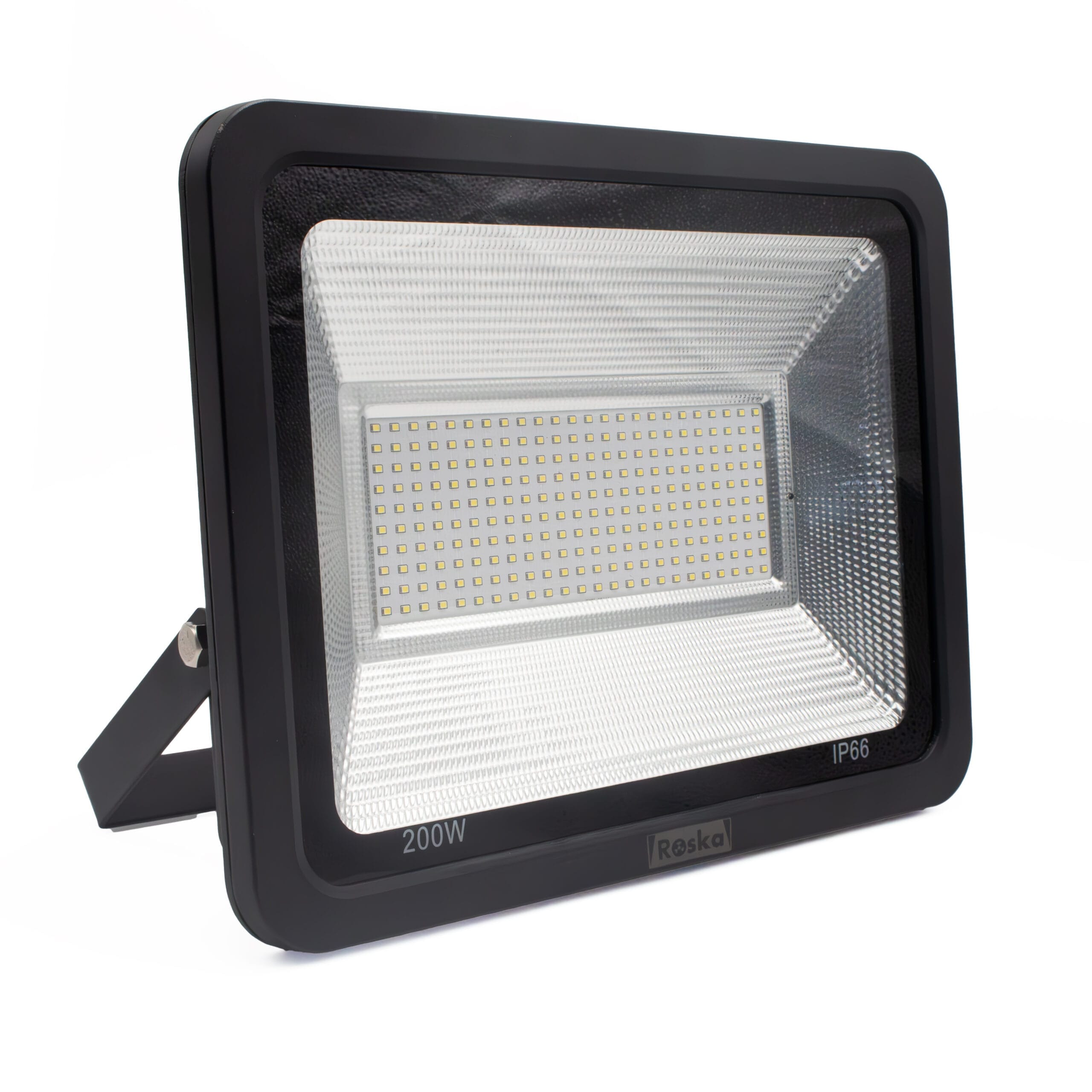 Roska R-10SFL 10W solar LED flood light with foldable separate polycrystalline panel on kickstand and matching black aluminum flood housing (label-confirmed Solar Light 10W IP65)