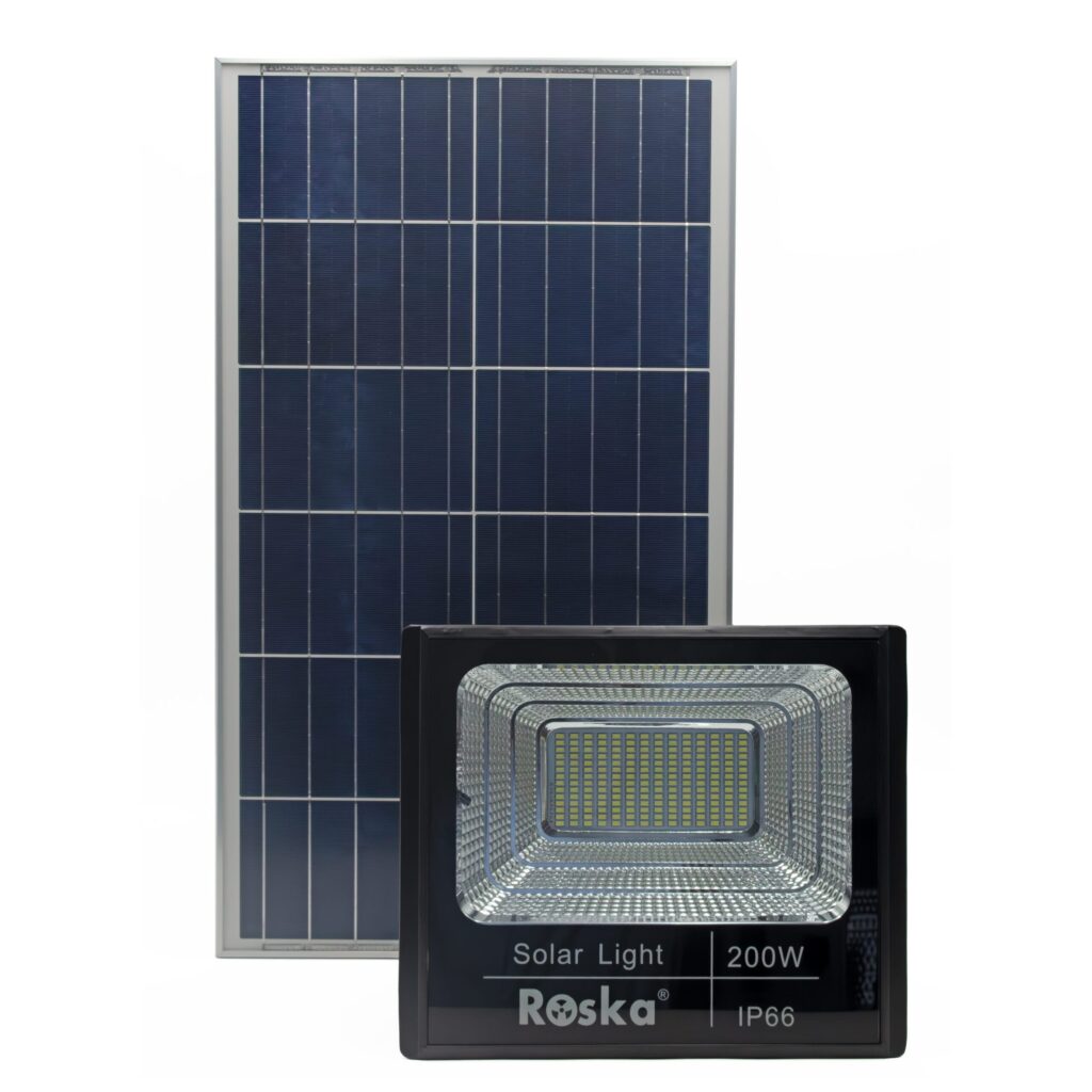 Roska R-200SFL 200W basic solar LED flood light with dense cool-white LEDs (single CCT, no mode buttons), black housing labeled Roska Solar Light 200W IP66, large separate polycrystalline solar panel