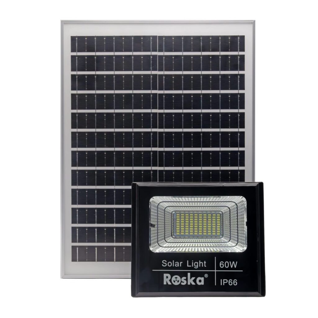 Roska R-60SFL 60W basic solar LED flood light with all-cool-white LEDs (single CCT, no mode buttons on face), black housing labeled Roska Solar Light 60W IP66, separate polycrystalline solar panel