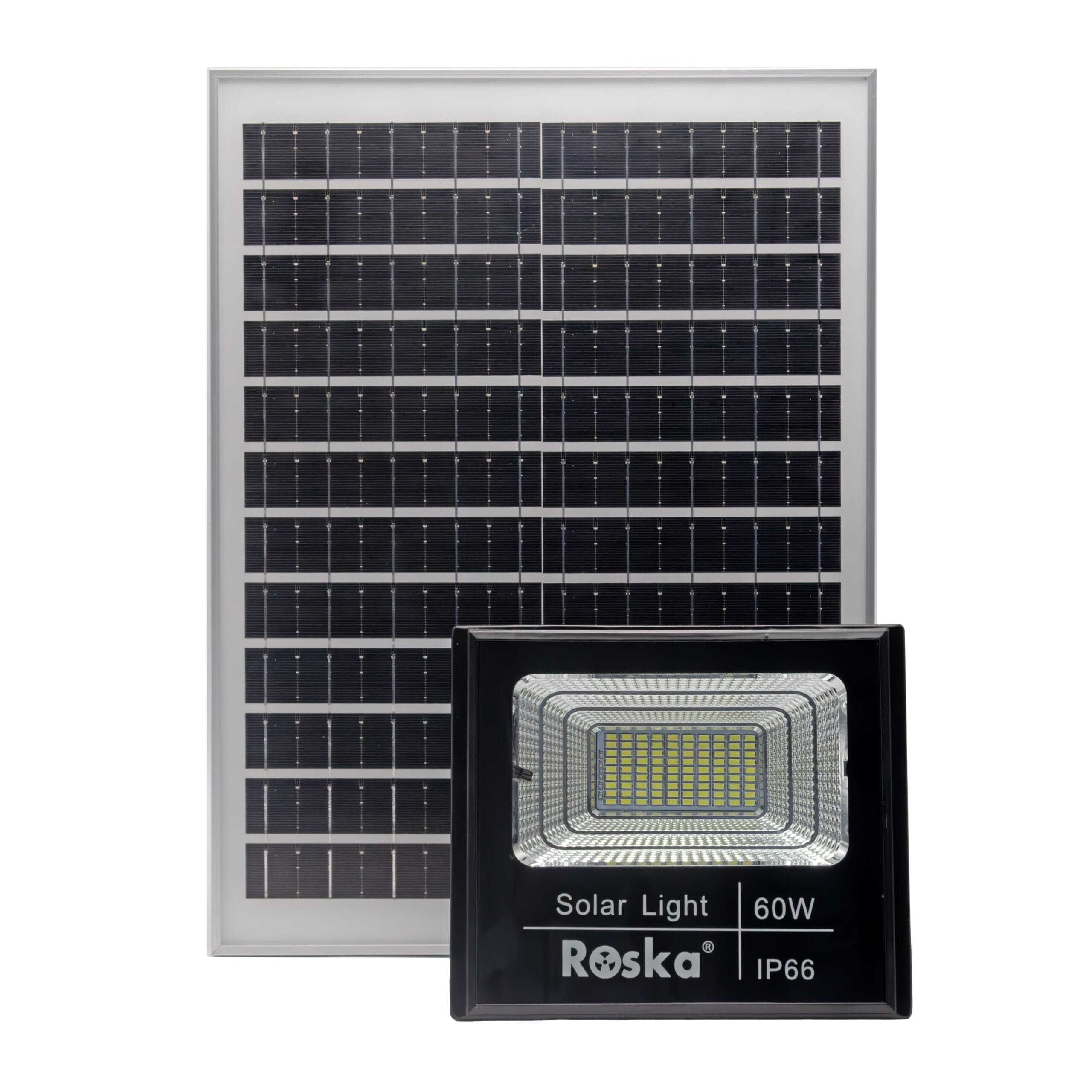 Roska R-60SFL 60W basic solar LED flood light with all-cool-white LEDs (single CCT, no mode buttons on face), black housing labeled Roska Solar Light 60W IP66, separate polycrystalline solar panel