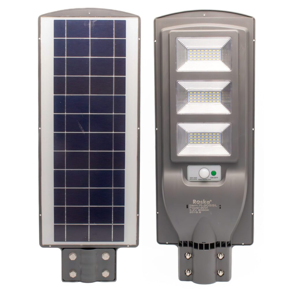 Roska R-90SSL 90W all-in-one solar LED street light with 3 stacked LED panels, integrated polycrystalline solar panel on top, Radar Induction sensor + ON/OFF button on bottom (label confirms R-90SSL Power 90W 3.2V 8000K)