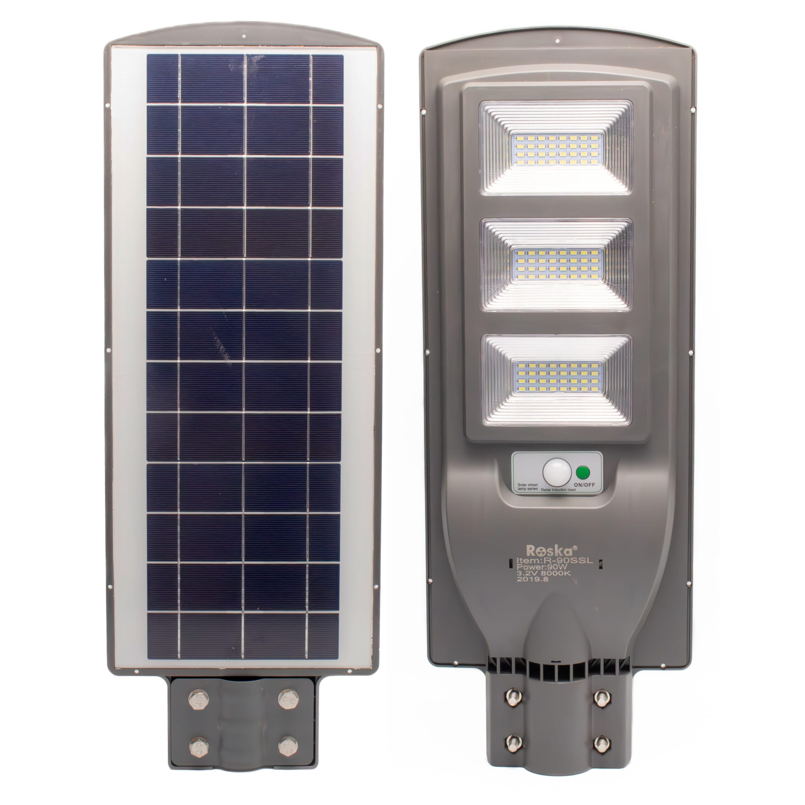 Roska R-90SSL 90W all-in-one solar LED street light with 3 stacked LED panels, integrated polycrystalline solar panel on top, Radar Induction sensor + ON/OFF button on bottom (label confirms R-90SSL Power 90W 3.2V 8000K)