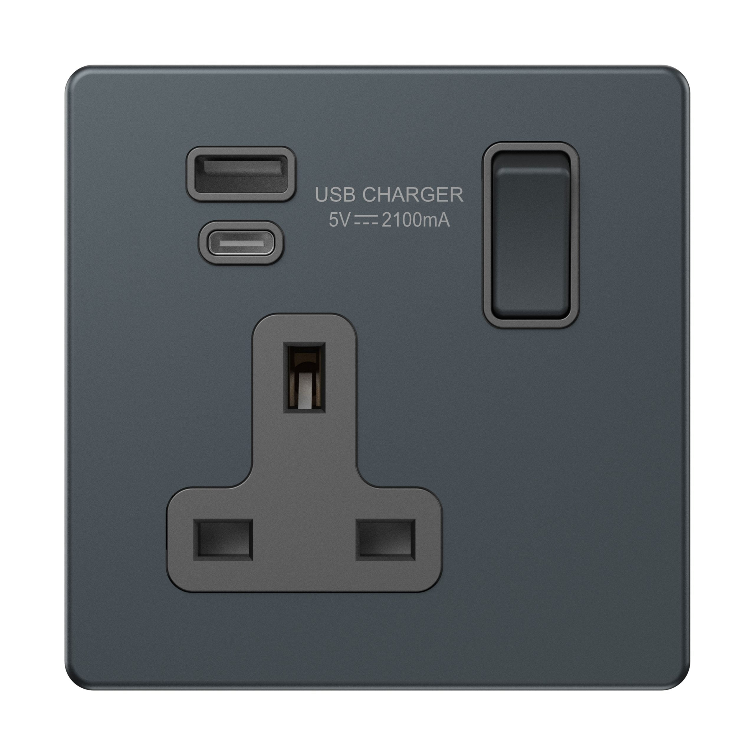 Admore 13A 1 Gang Switched Socket with USB-A & USB-C Ports — Spruce Blue Metal Series (AS407-U)