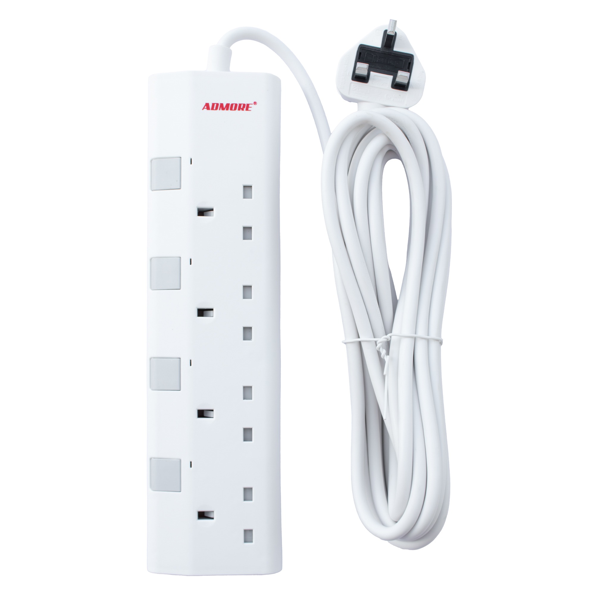 Admore 4 Gang 13A Switched Socket Extension with 5 m Cable — Flame-Retardant PP (A-E45)