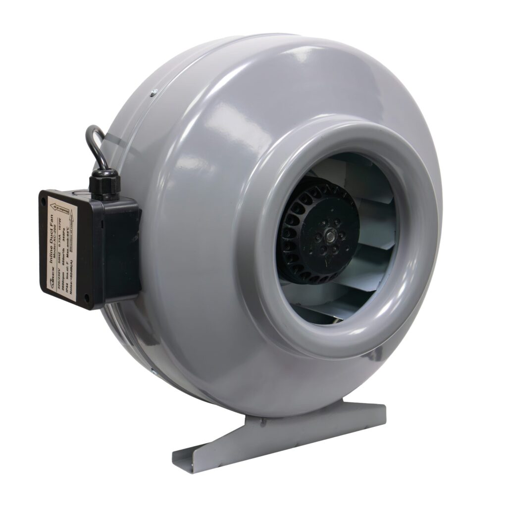 Light grey Airex XC-200 8-inch centrifugal inline duct fan with visible centrifugal impeller wheel and black side-mounted electrical junction box