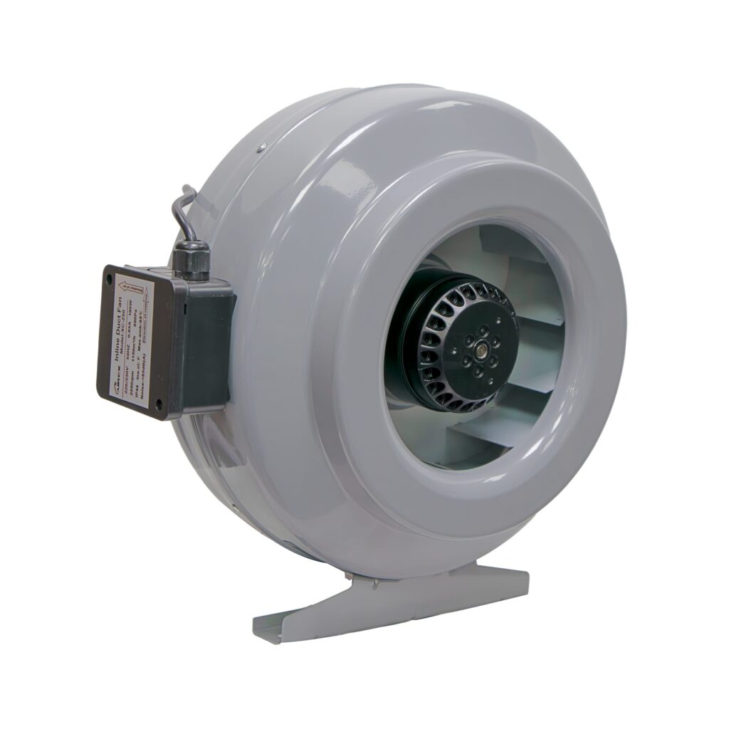 Light grey Airex XC-250 10-inch centrifugal inline duct fan with visible centrifugal impeller wheel and black side-mounted electrical junction box