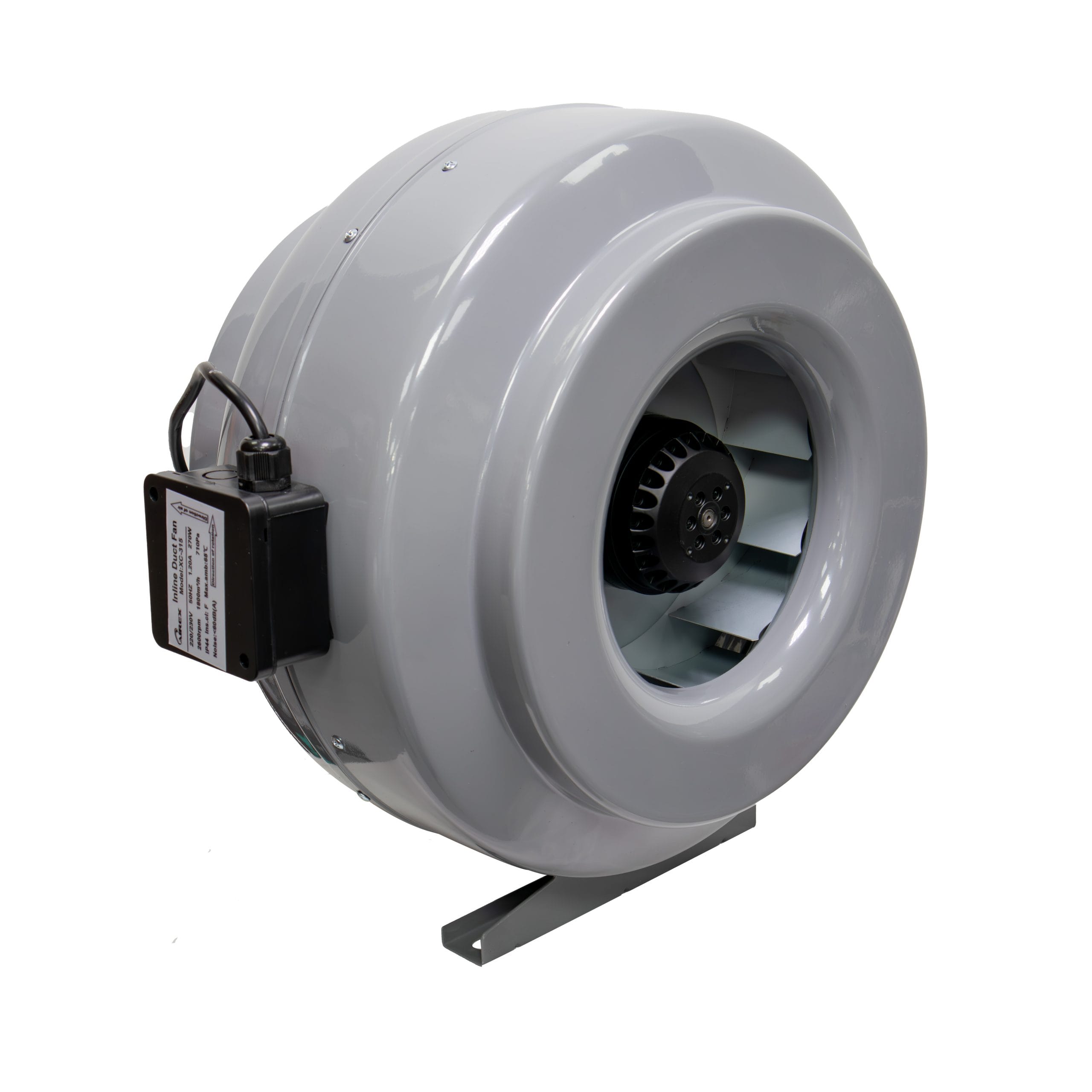 Light grey Airex XC-315 12-inch centrifugal inline duct fan with visible centrifugal impeller wheel and black side-mounted electrical junction box