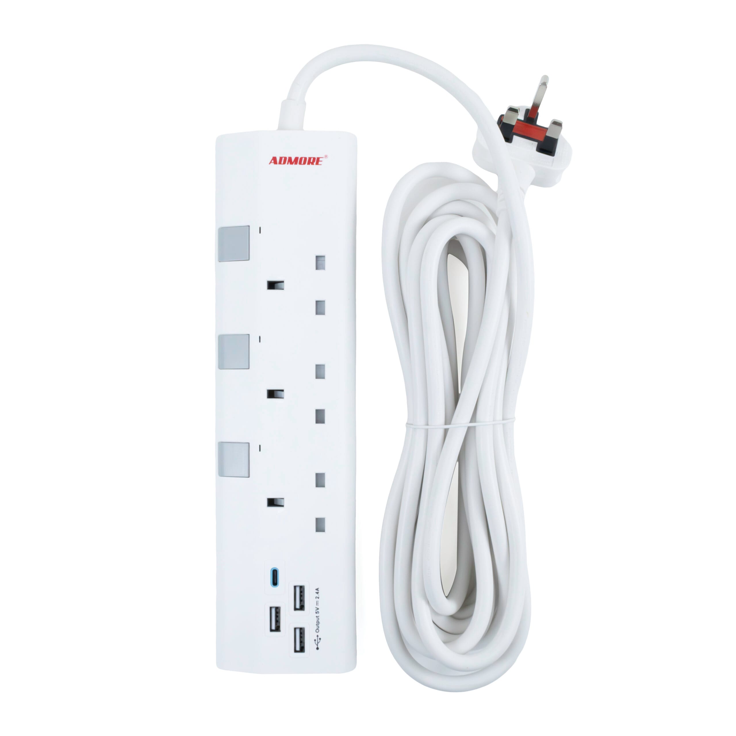 Admore 3 Gang 13A Switched Socket Extension with 3× USB-A + 1× USB-C and 5 m Cable (A-E35U)