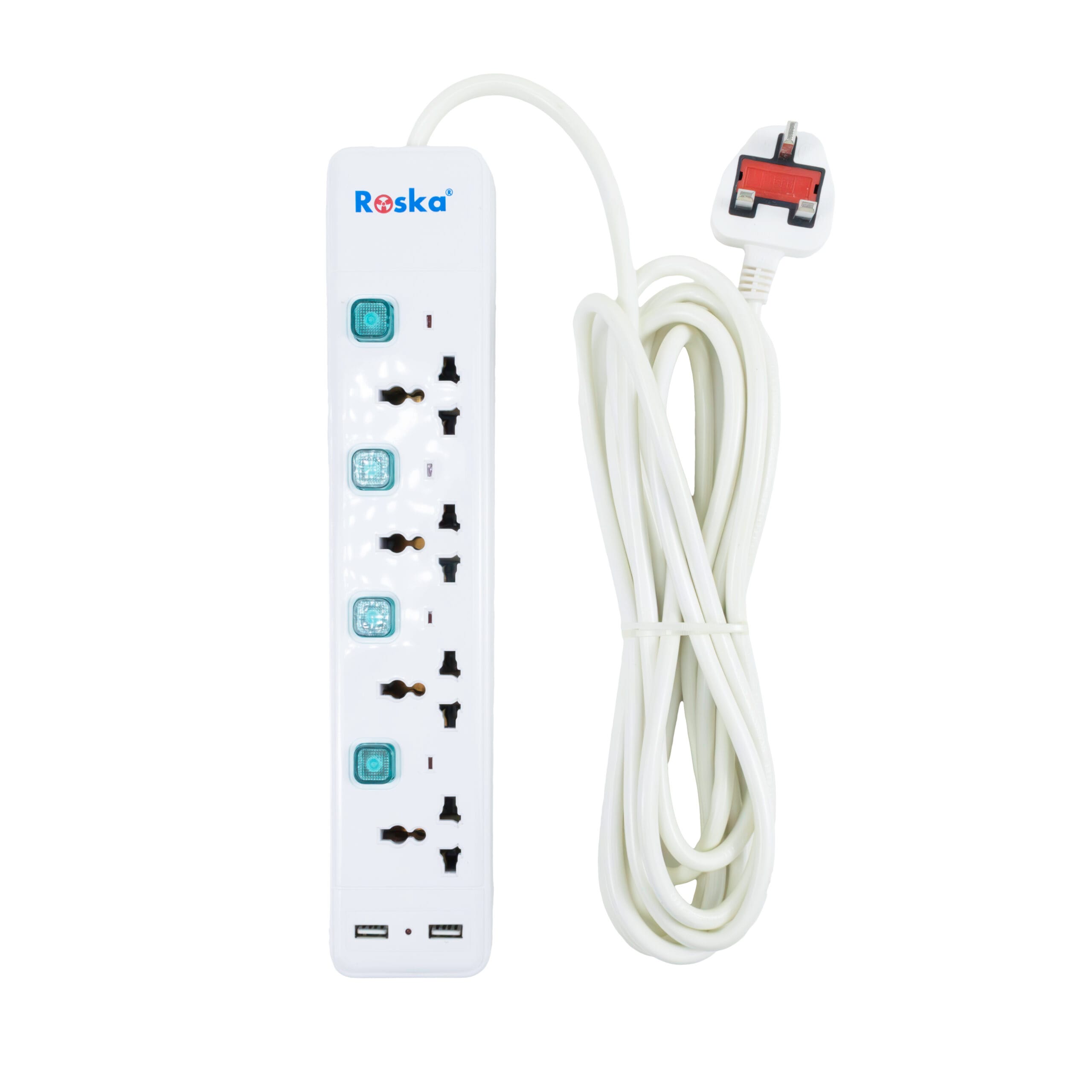 REU-2-USB | Roska 4 Gang 13A Universal Switched Socket Extensions + USB Charging ports(5 Meters)
