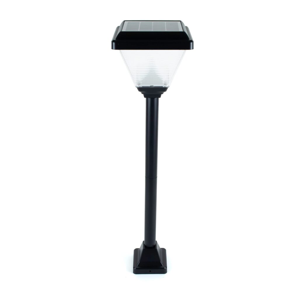 Roska R-GL3 2W solar LED garden and wall pillar light with square solar panel head, ribbed diffuser and black aluminum post with flange base