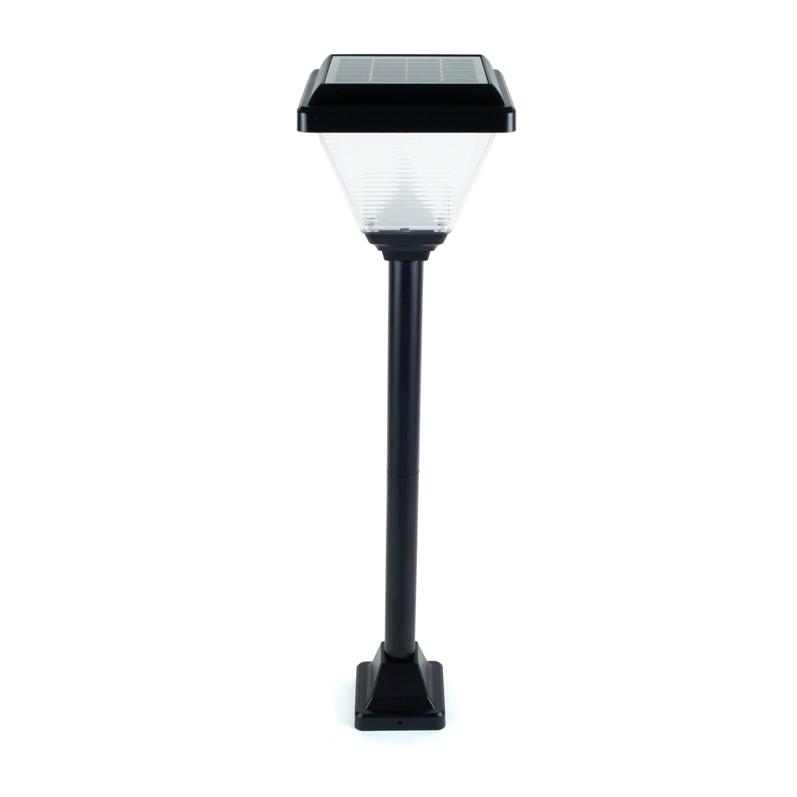 Roska R-GL3 2W solar LED garden and wall pillar light with square solar panel head, ribbed diffuser and black aluminum post with flange base