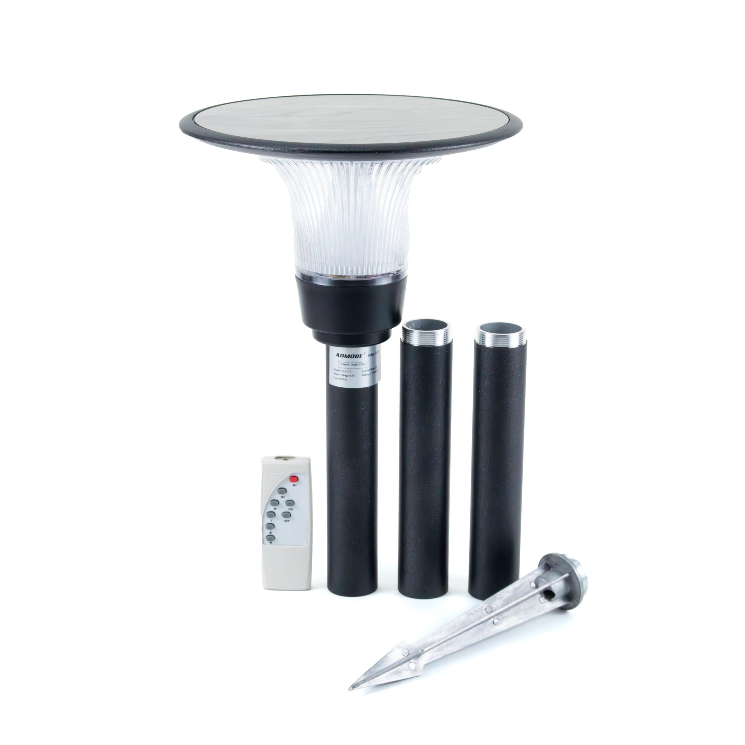Admore A-GL2 solar LED mushroom-canopy garden light shown with IR remote, 3 extension pole sections and galvanized ground spike