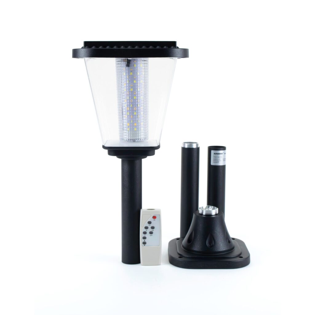Admore A-GL1 solar LED pillar garden light shown with multi-CCT corn-LED column, IR remote, extension pole and square flange base bracket