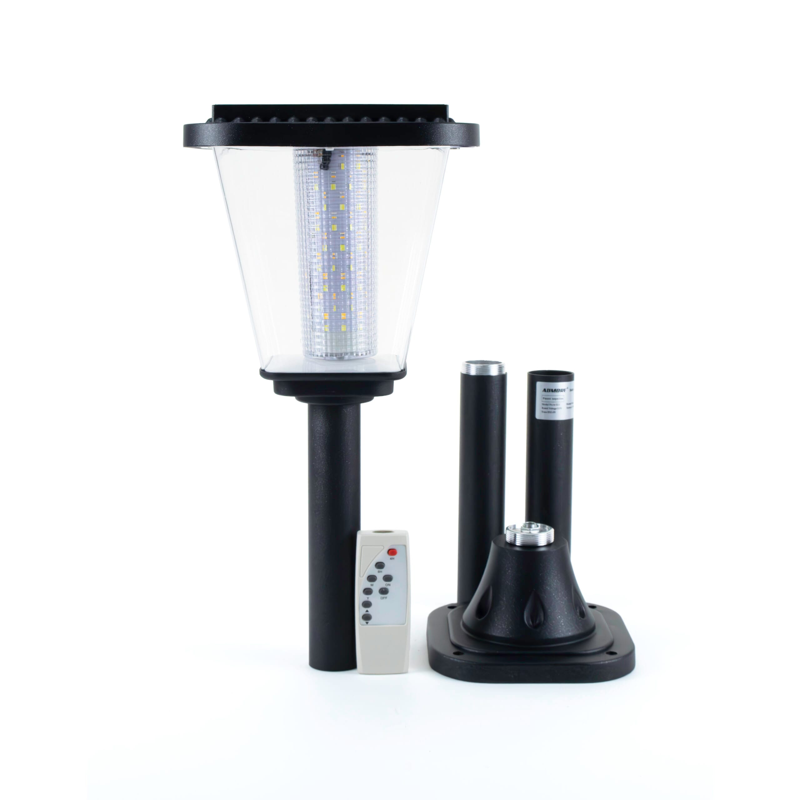 Admore A-GL1 solar LED pillar garden light shown with multi-CCT corn-LED column, IR remote, extension pole and square flange base bracket