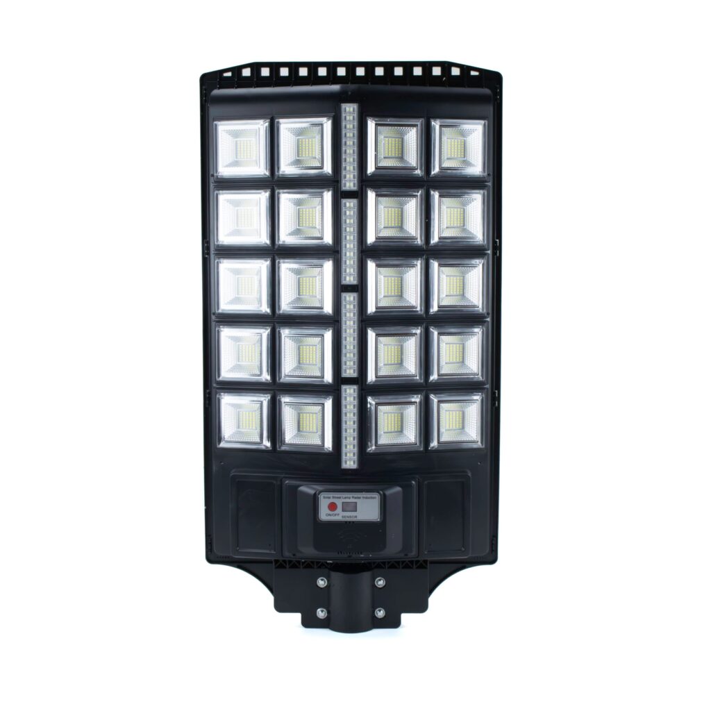 Roska R-2000SSL 2000W all-in-one solar LED street light flagship with 20 LED reflector blocks (5x4 grid plus center vertical LED strips on both sides), integrated solar panel, ON/OFF + SENSOR control box labeled Solar Street Lamp Radar Induction